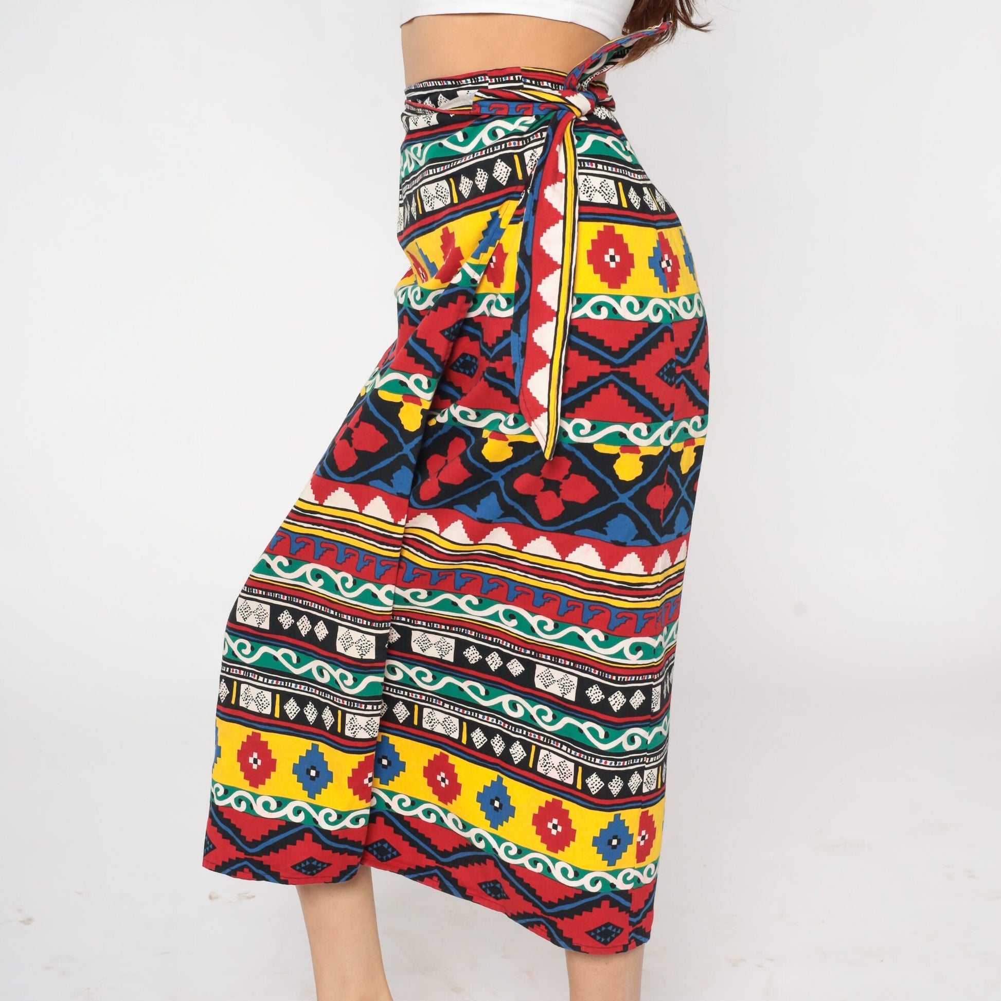90s Geometric Aztec Print Wrap Midi Skirt Cotton Red Yellow Blue Medium M