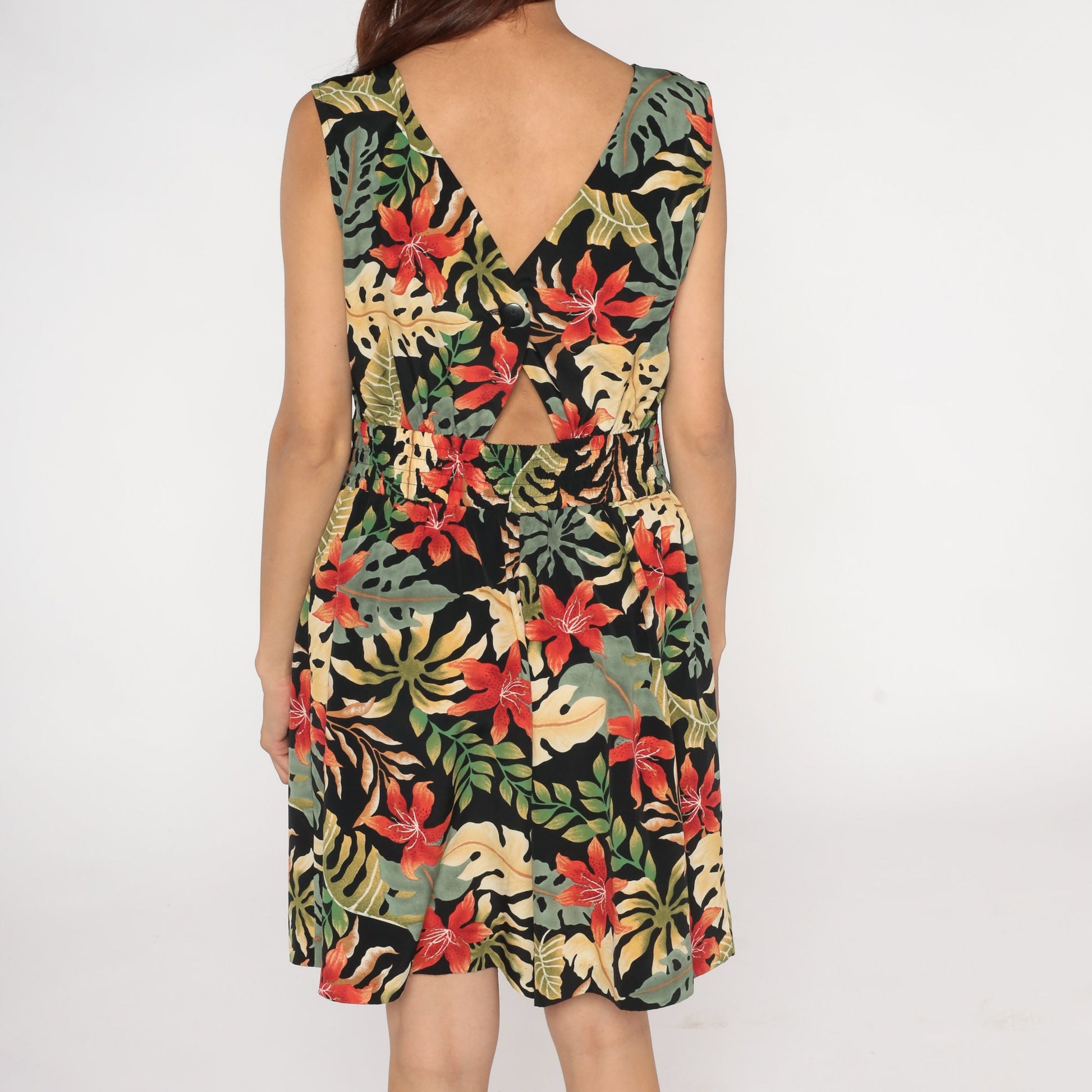 90s Black Tropical Floral Leaf Print Mini Dress Sleeveless Keyhole Back Large L