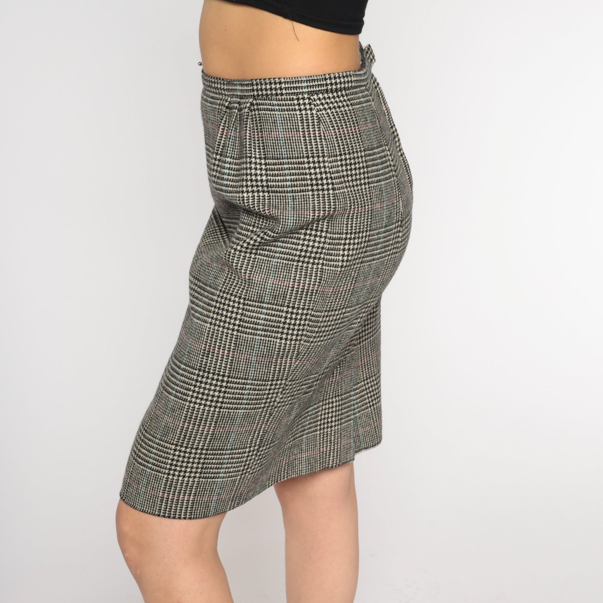 60s Houndstooth Wool Pencil Skirt High Waisted Mini Checkered Small