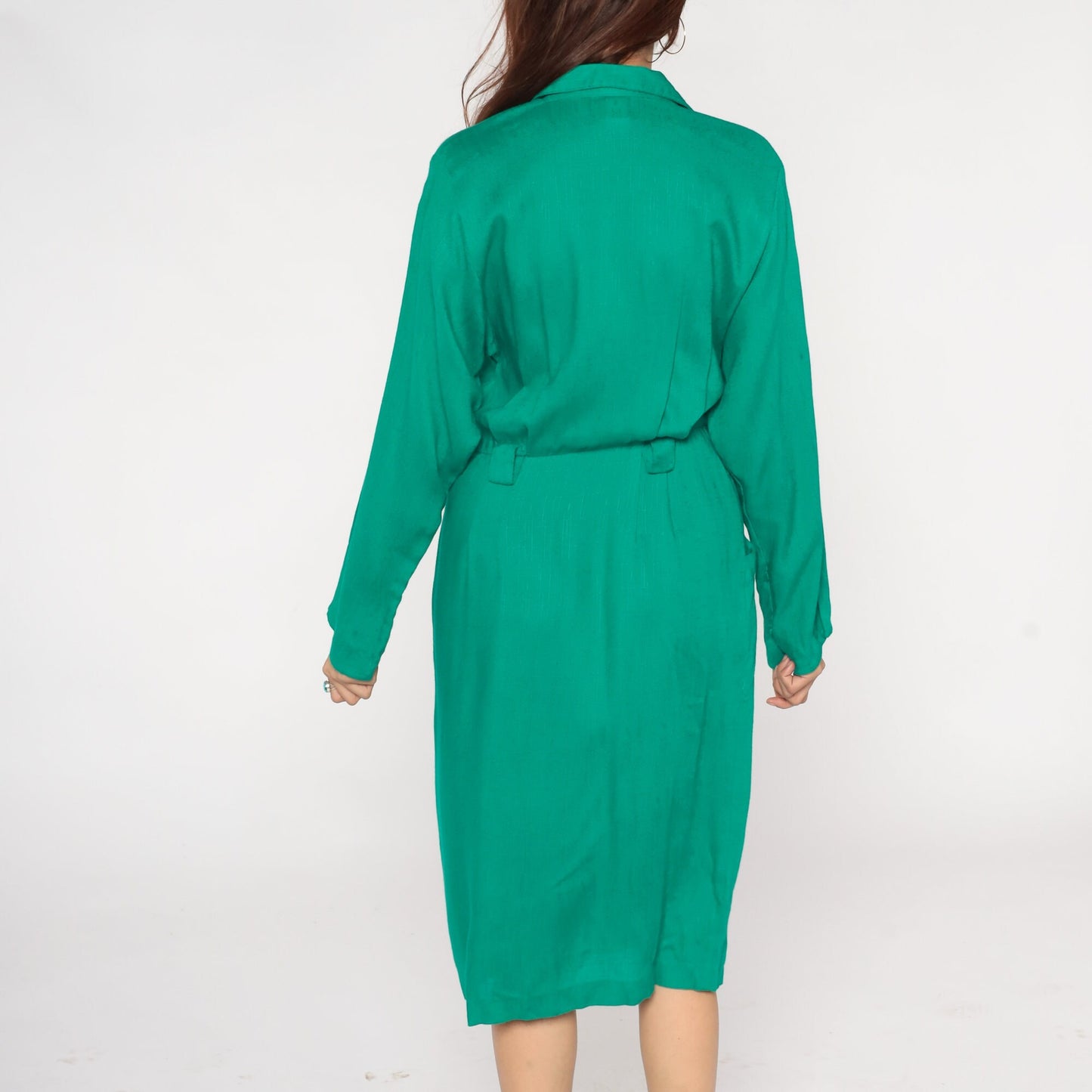 80s Green Midi Wrap Dress Button-Up Collar Pockets Long Sleeve Small