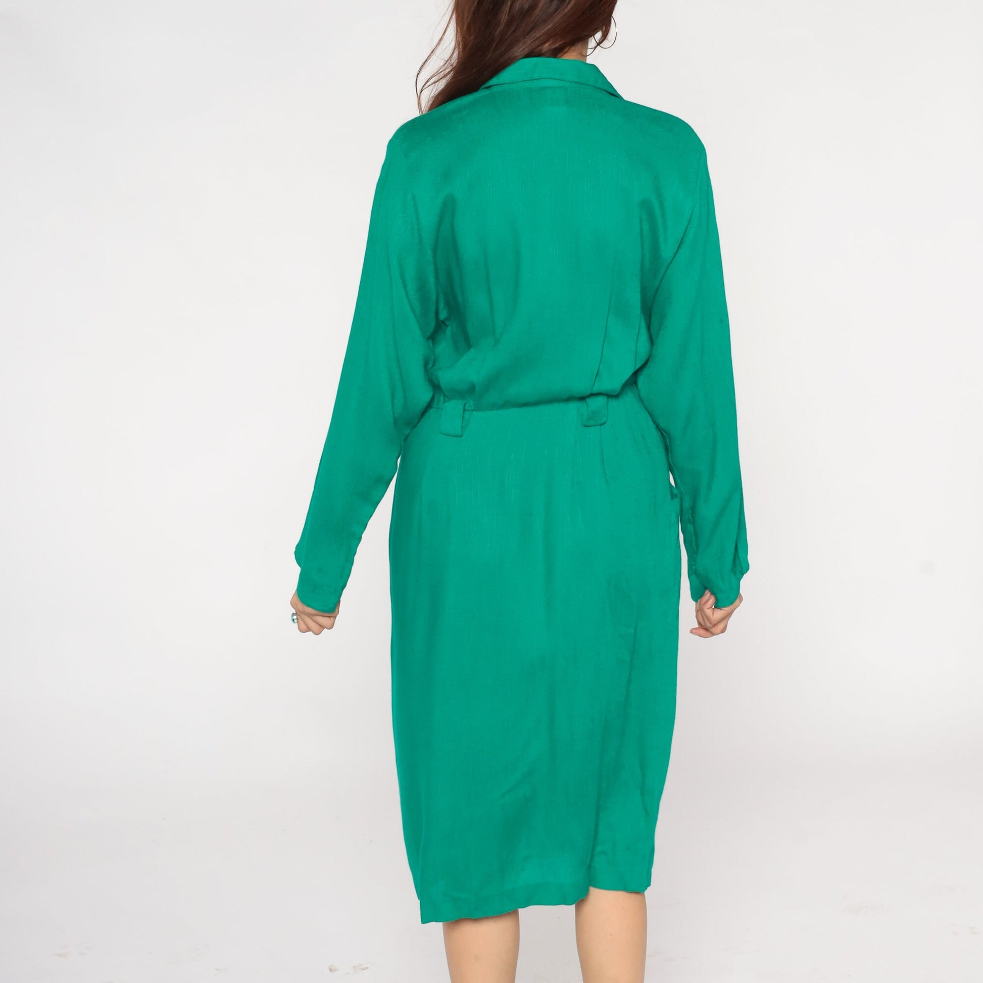 80s Green Midi Wrap Dress Button-Up Collar Pockets Long Sleeve Small