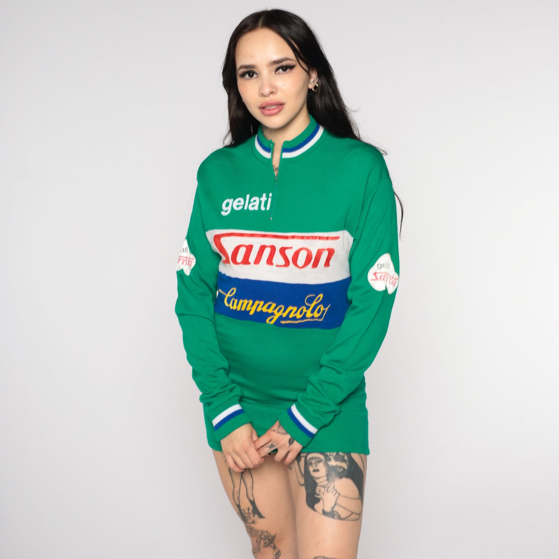 80s Campagnolo Sanson Gelati Cycling Jersey Green Striped Zip Neck Small