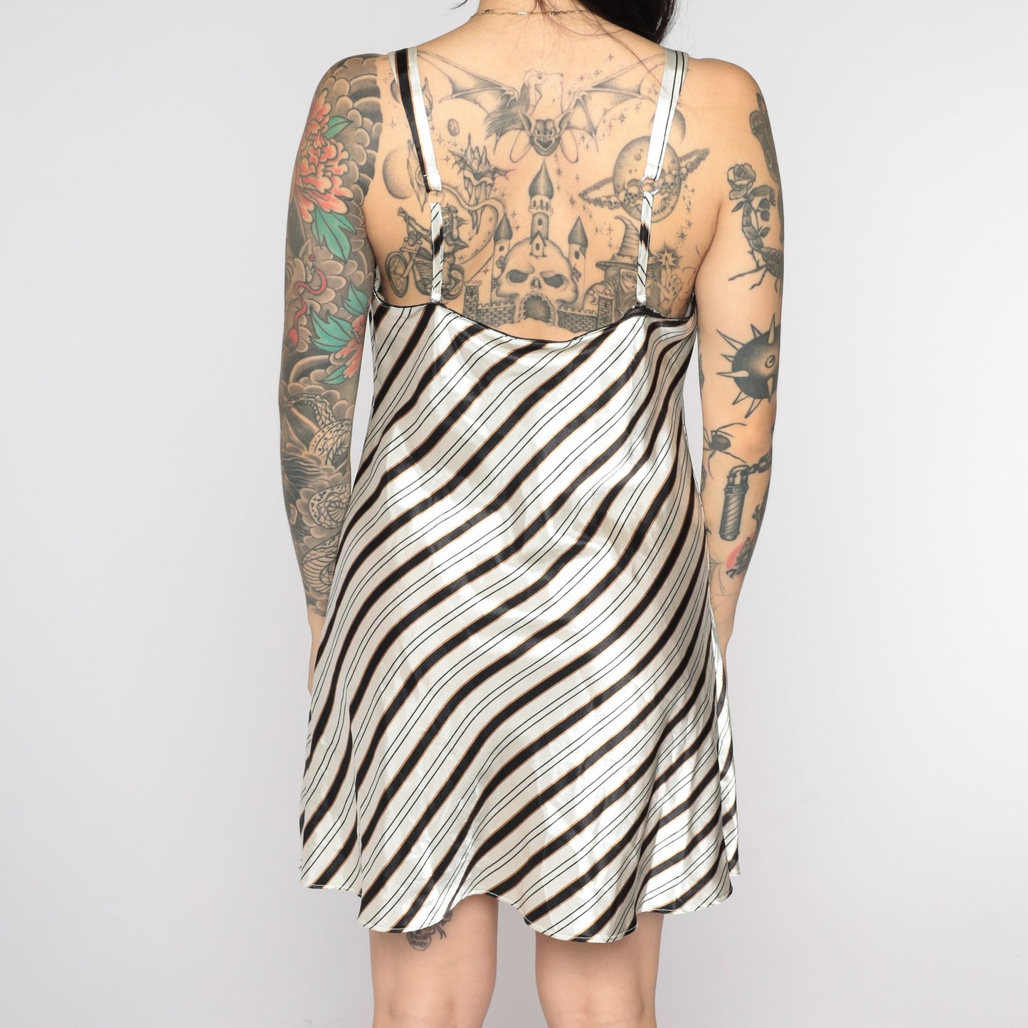 90s Striped Satin Slip Dress Grey Black Spaghetti Strap Chemise Medium