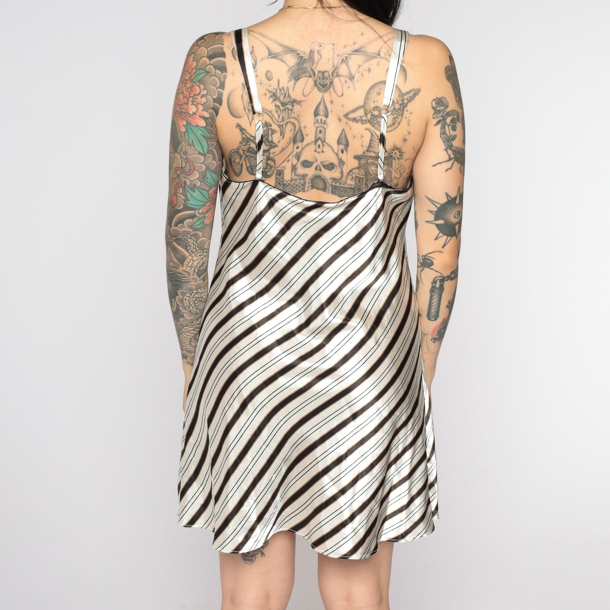 90s Striped Satin Slip Dress Grey Black Spaghetti Strap Chemise Medium