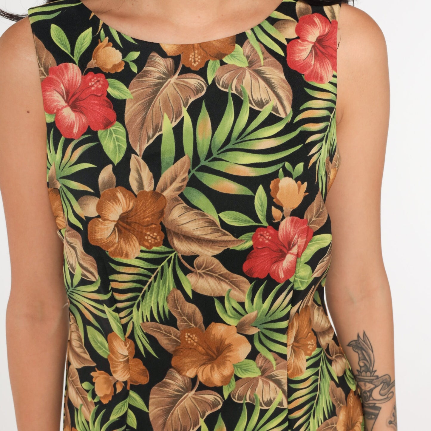 90s Black Tropical Floral Mini Dress Shift Sleeveless Medium 8