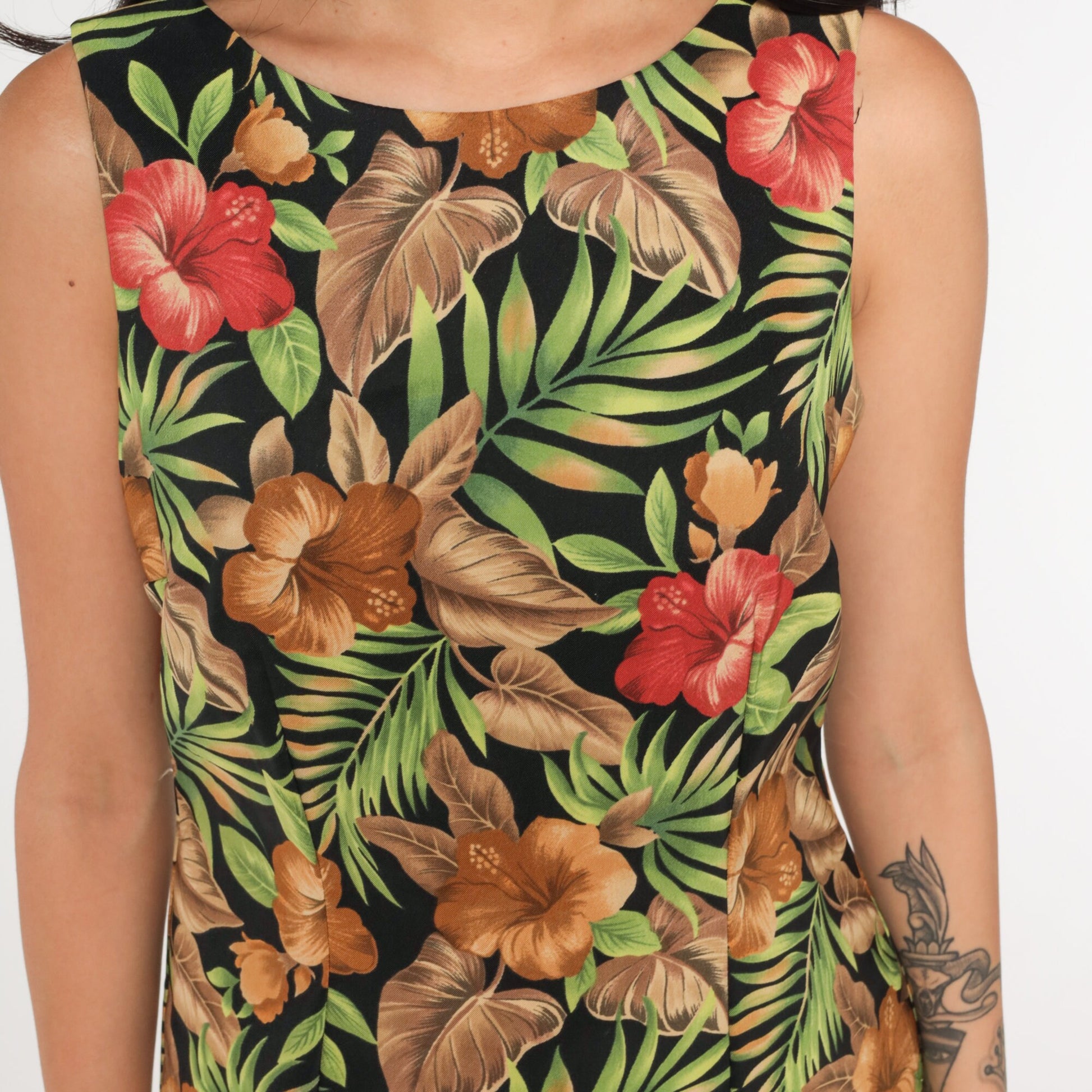 90s Black Tropical Floral Mini Dress Shift Sleeveless Medium 8