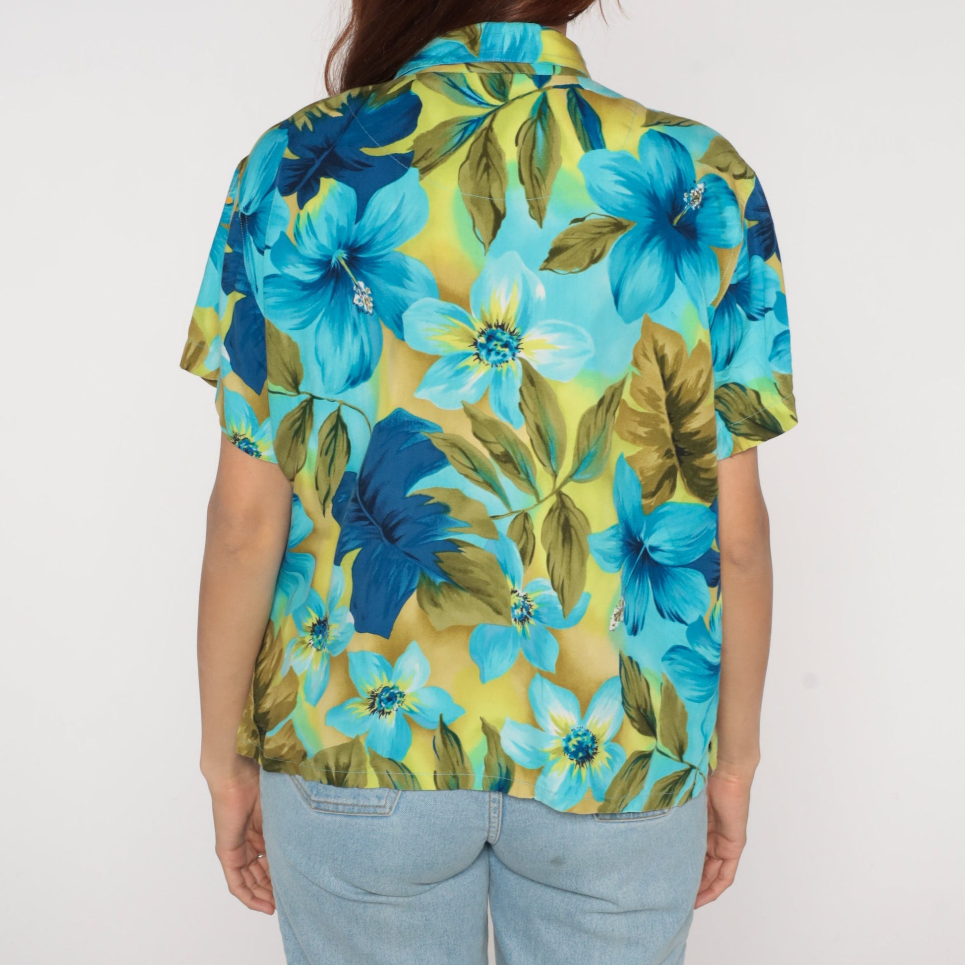 Y2K Liz Claiborne Tropical Floral Button-Up Blouse Blue Green Hibiscus Large L