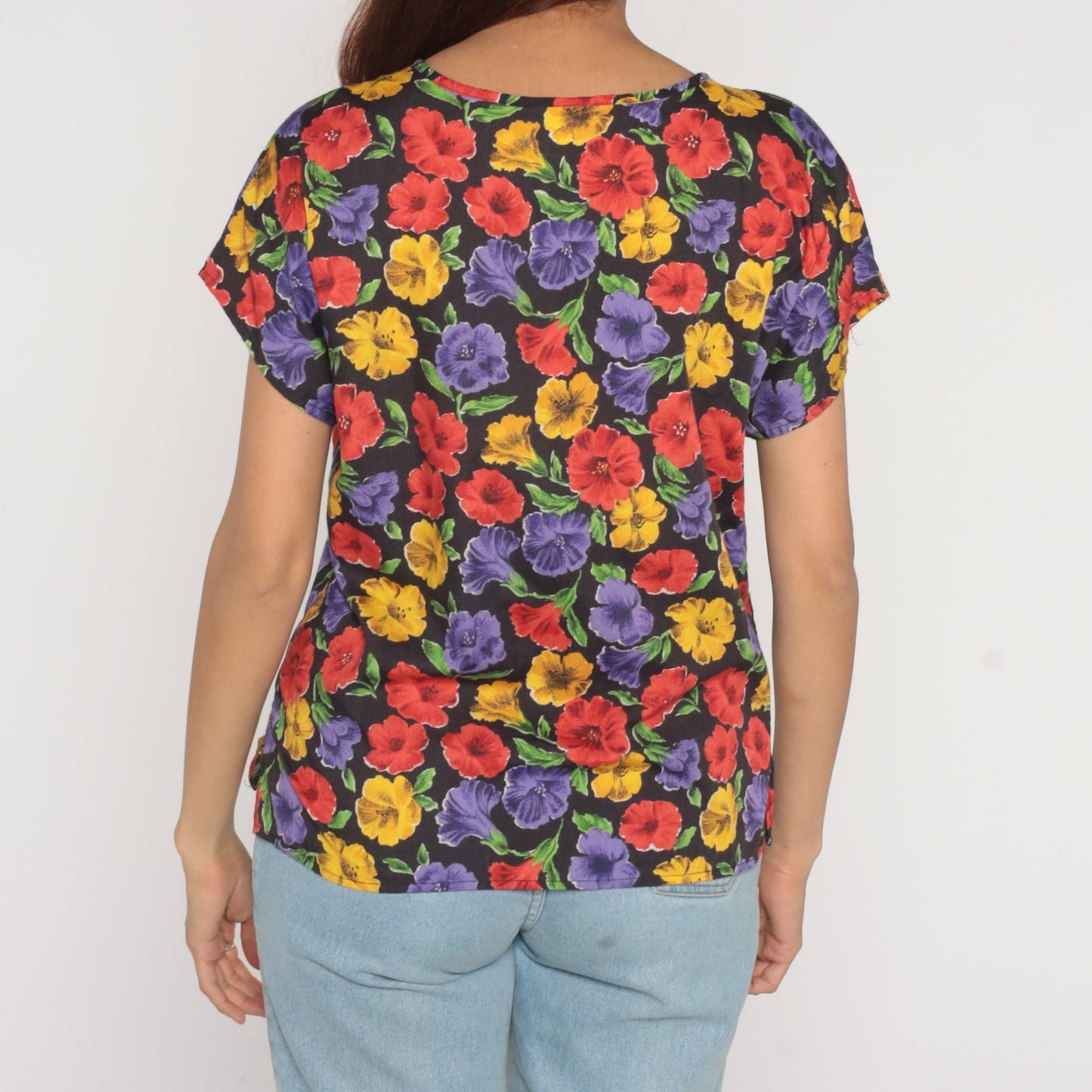 90s Black Floral Print Shirt Short Sleeve Henley Medium M