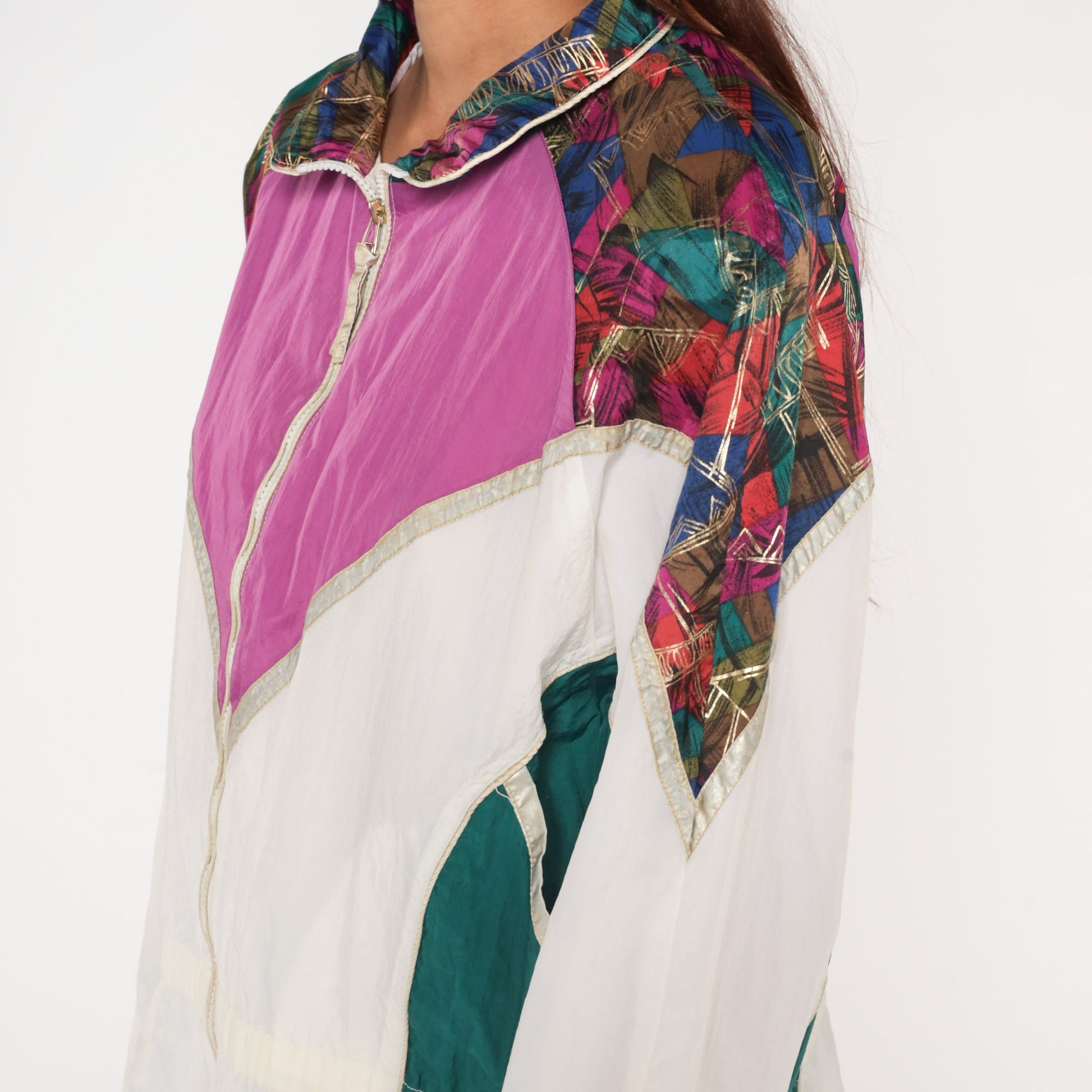 90s Color Block Windbreaker Zip Up Jacket Purple White Green Abstract Nylon Large