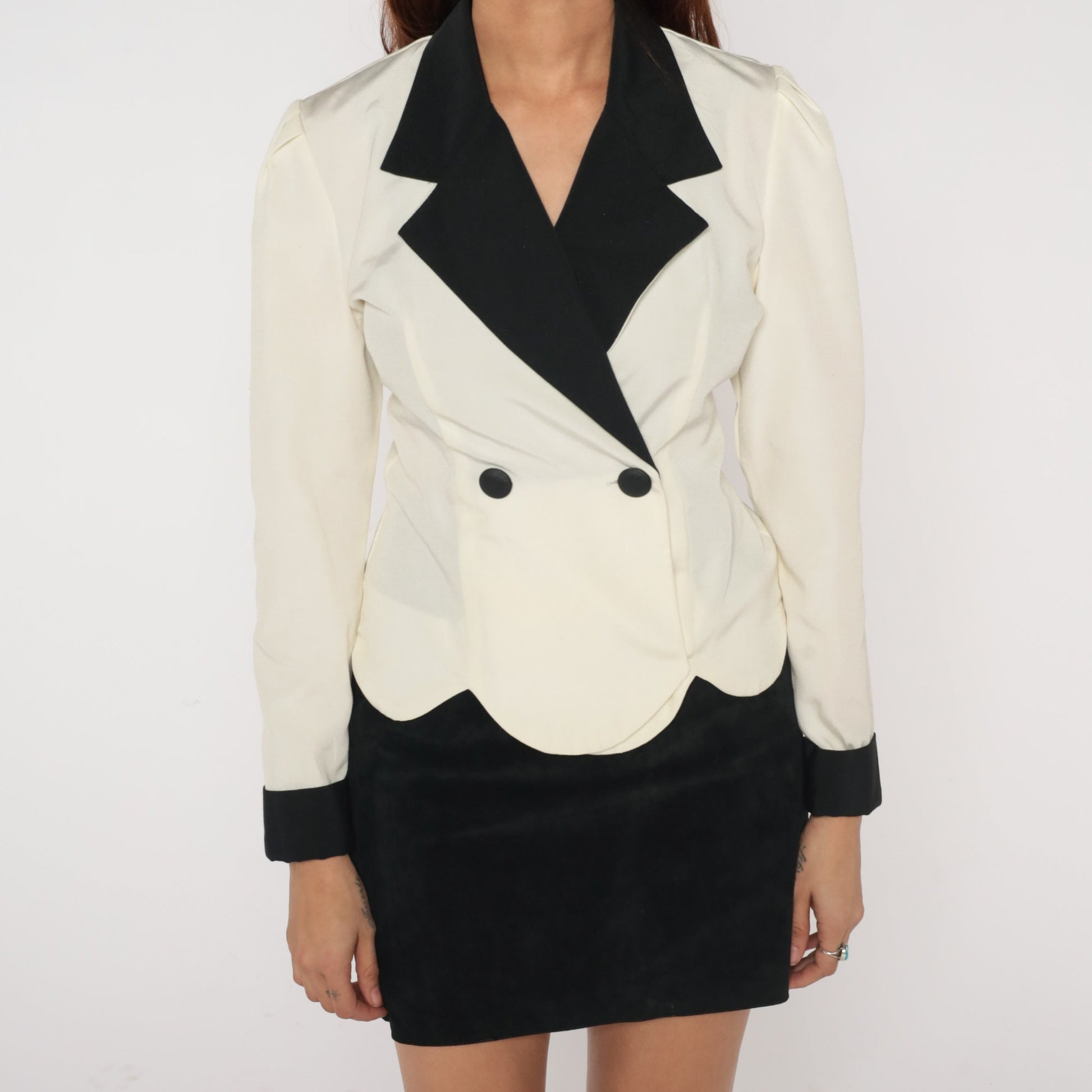 90s White Double Breasted Blazer Black Collar Scalloped Hem Extra Small