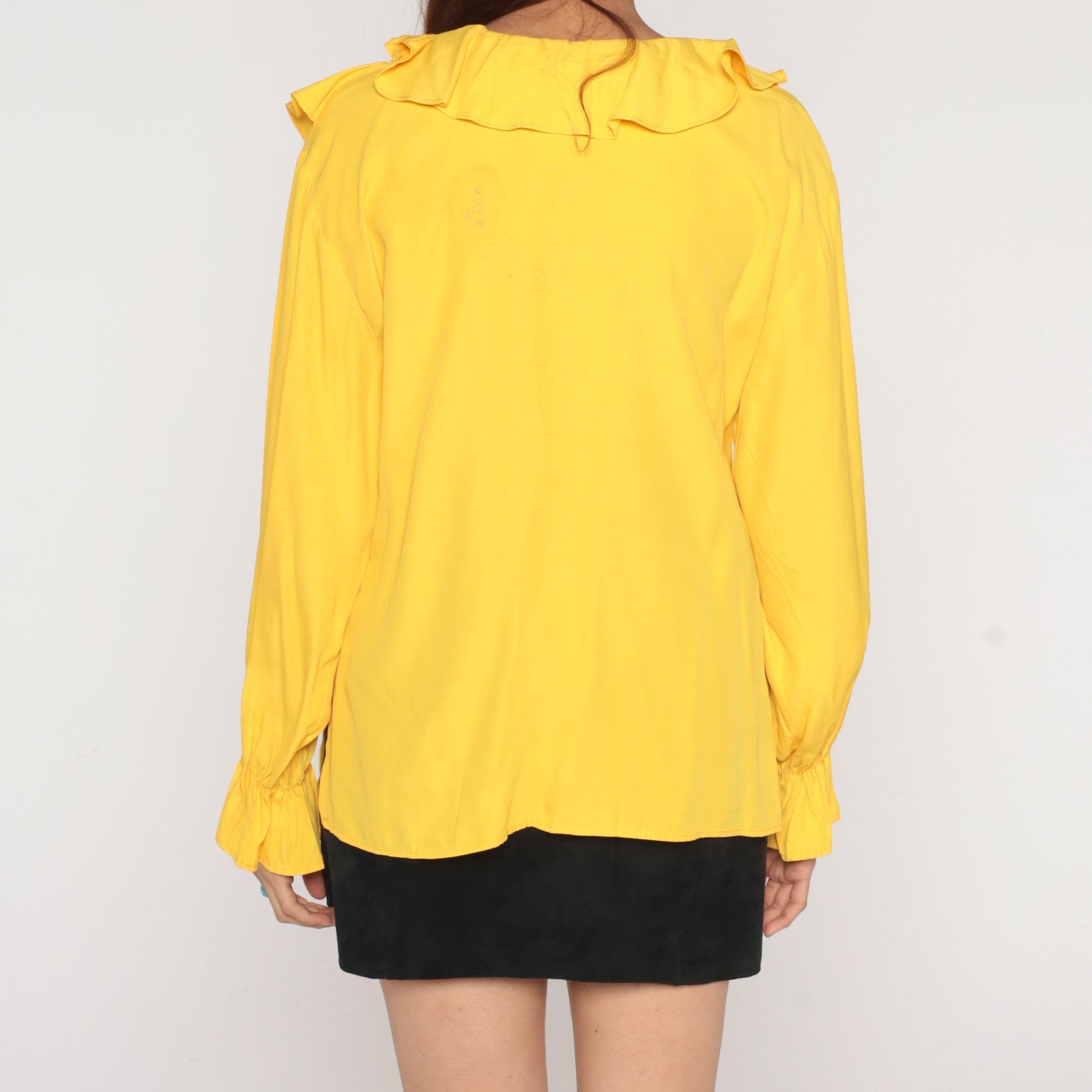 90s Yellow Ruffle Long Sleeve Blouse V Neck Small