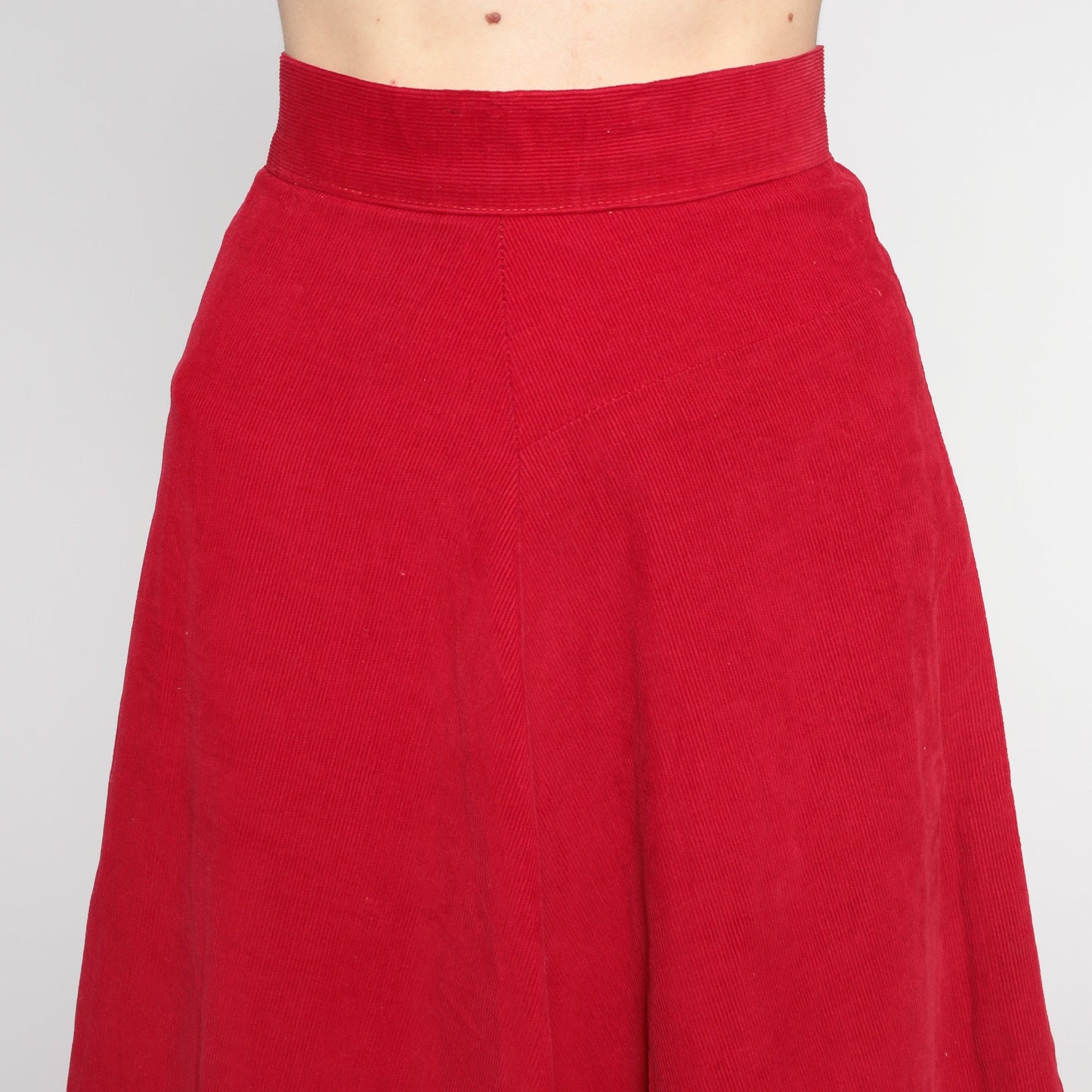 60s Red Corduroy Midi Skirt High Waisted Flared A-Line XXS
