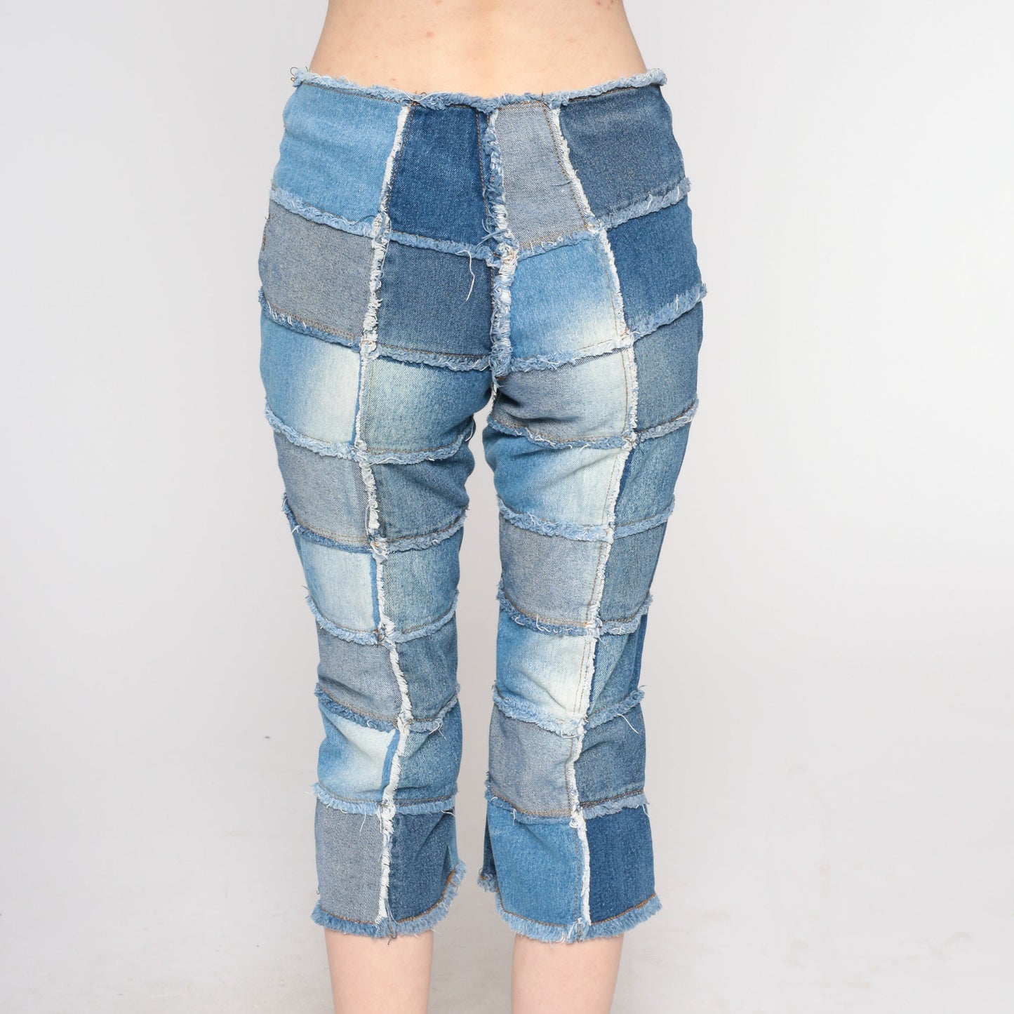 Y2K Patchwork Cropped Jeans Blue Low Rise Capri Denim Extra Small XS