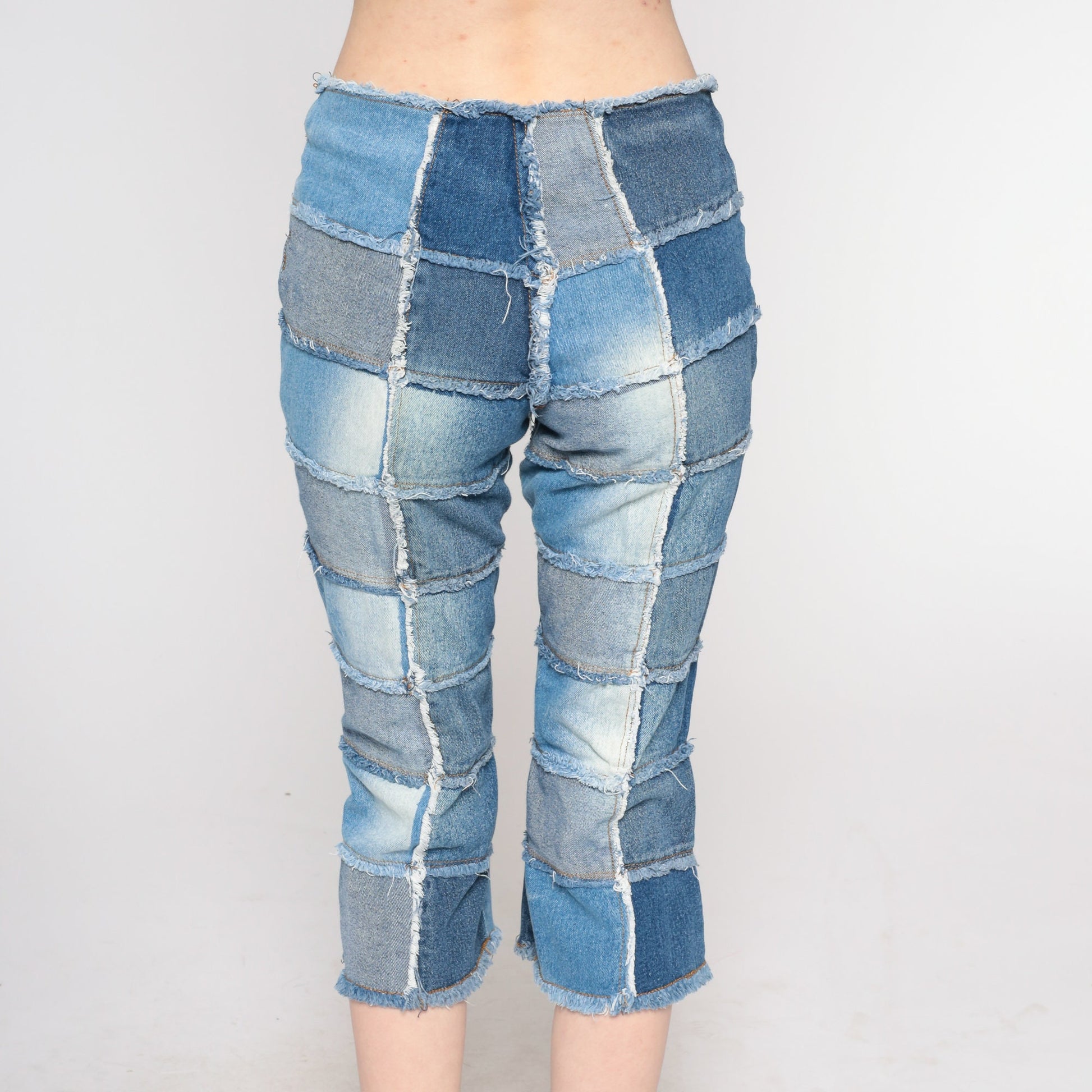 Y2K Patchwork Cropped Jeans Blue Low Rise Capri Denim Extra Small XS