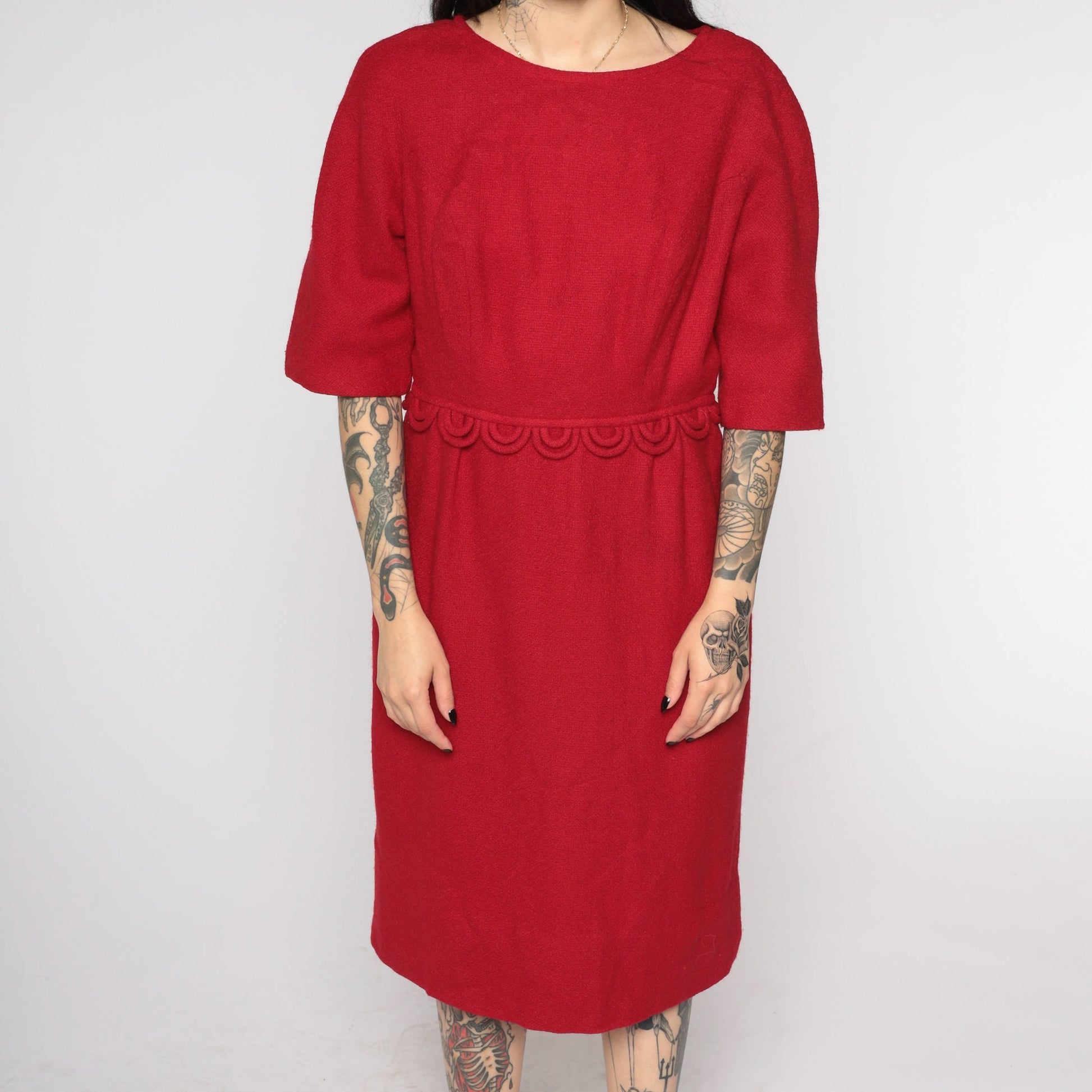 60s Stacy Ames Red Wool Midi Dress Half Sleeve High Waist Medium
