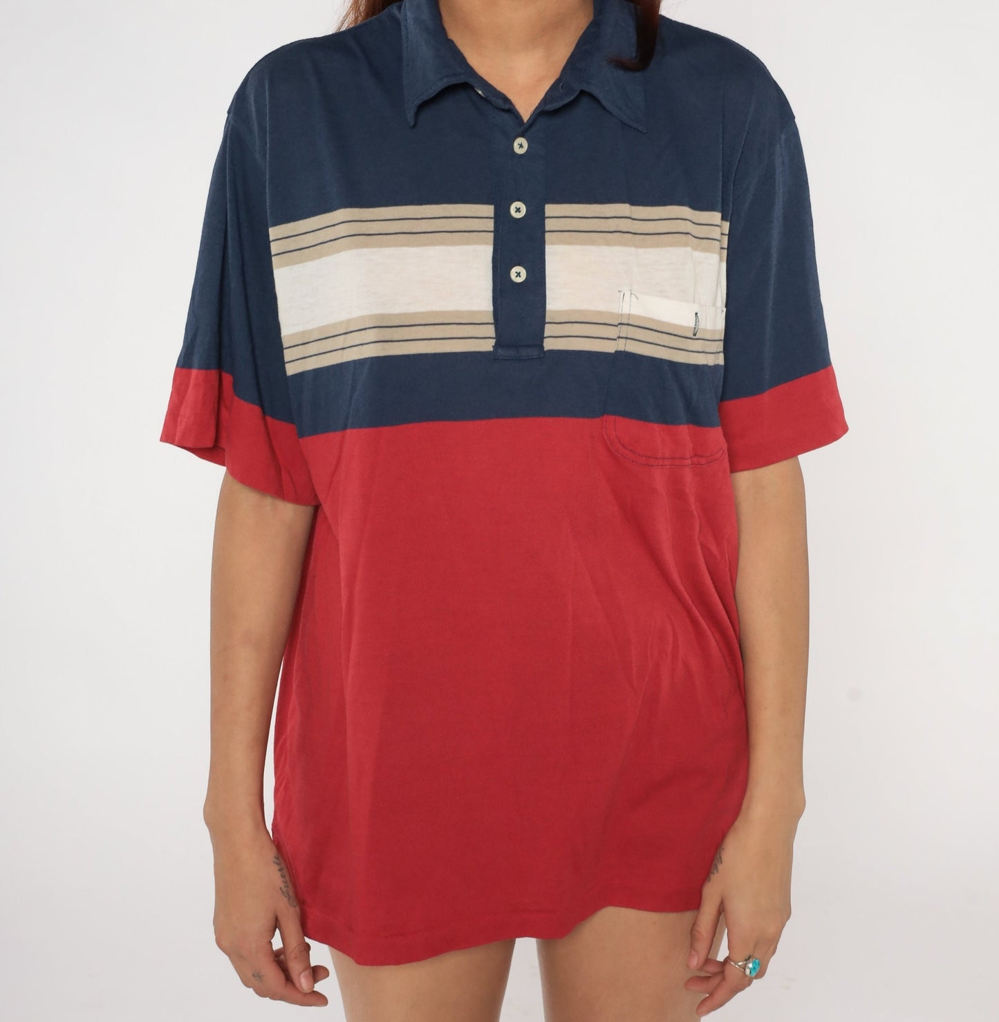 90s Polo Shirt Navy Red Tan Striped Color Block Chest Pocket Men's Large L