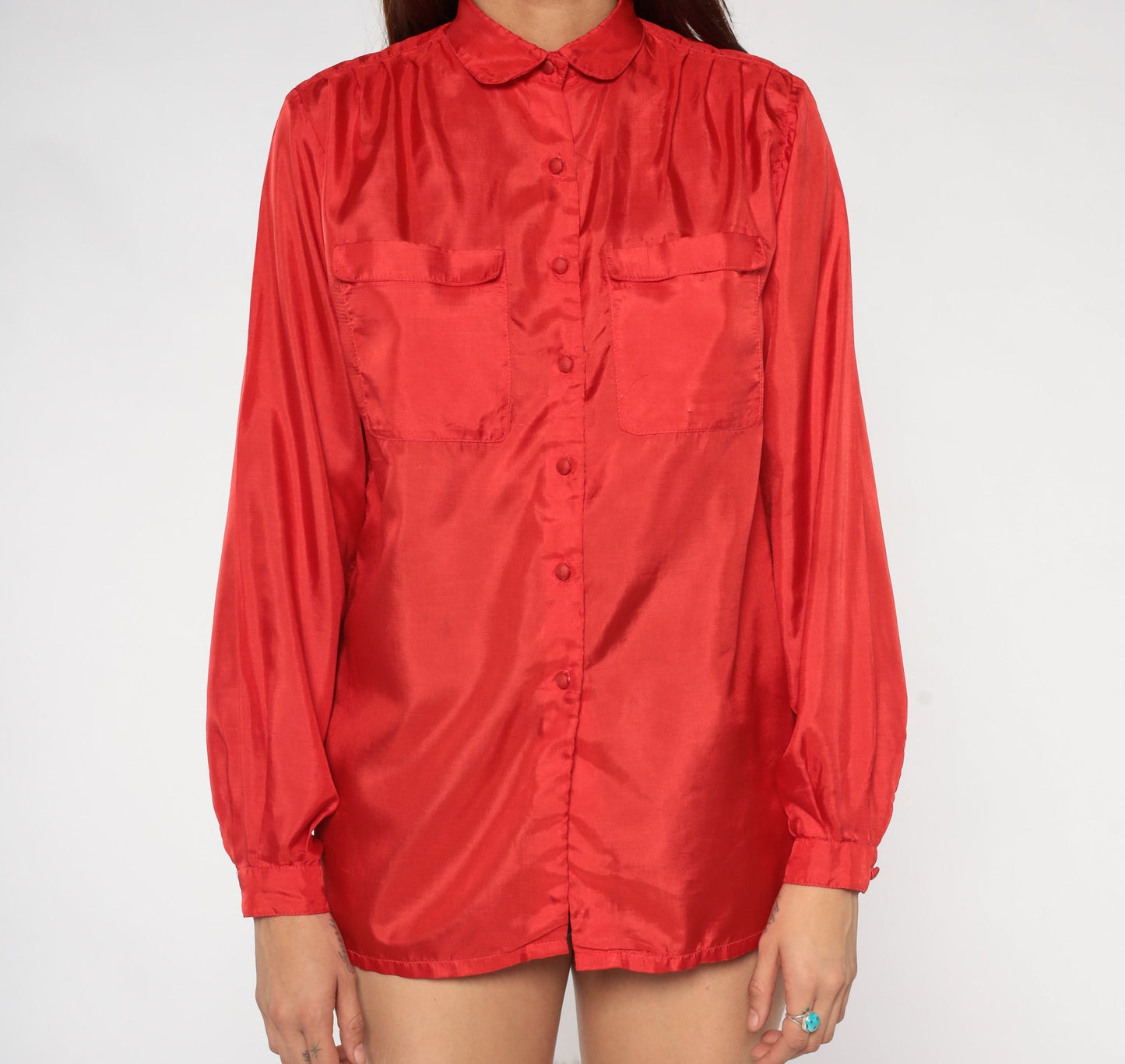 80s Red Button-Up Blouse Rounded Collar Long Sleeve Shirt Medium