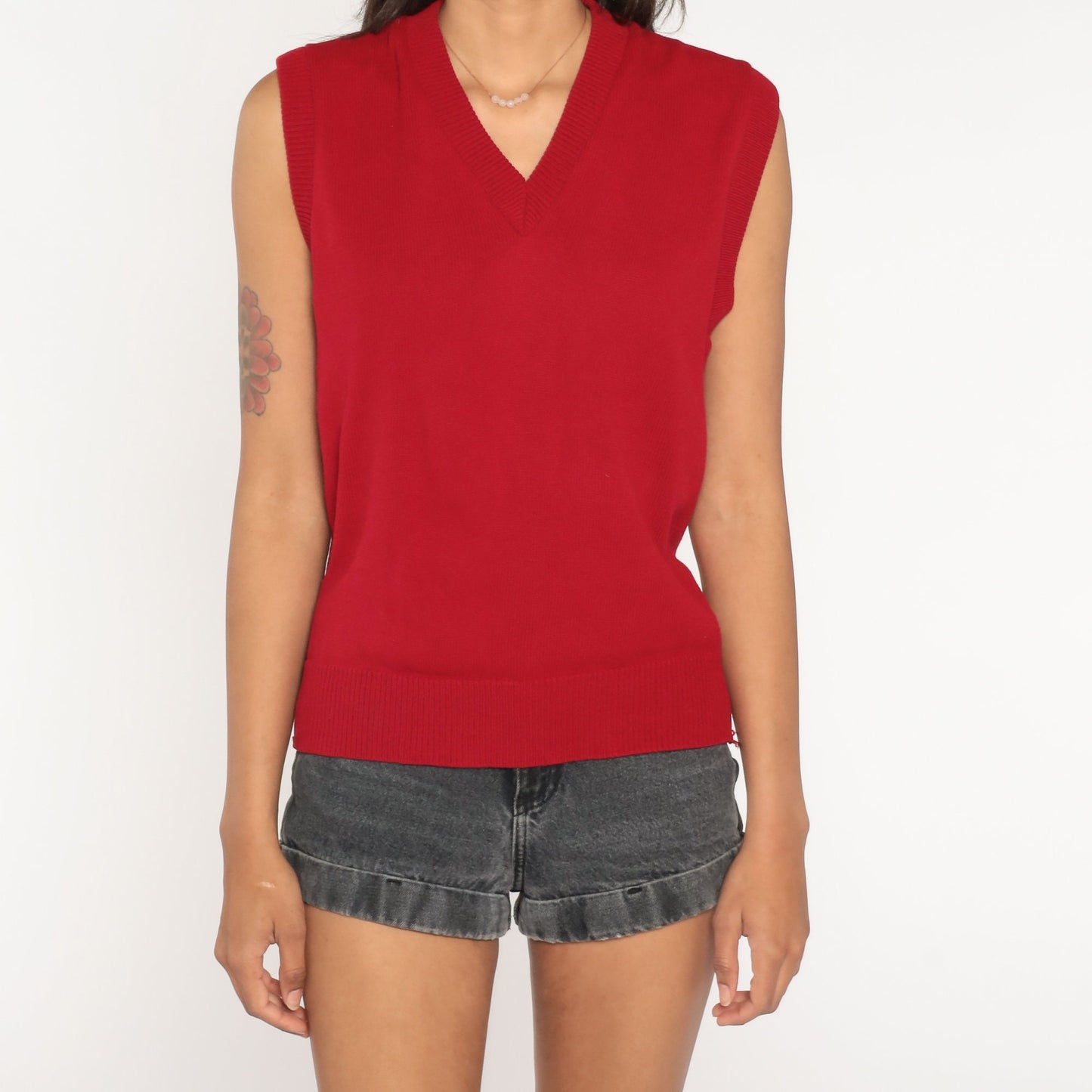 80s Red Acrylic Knit Sweater Vest V-Neck Sleeveless Small