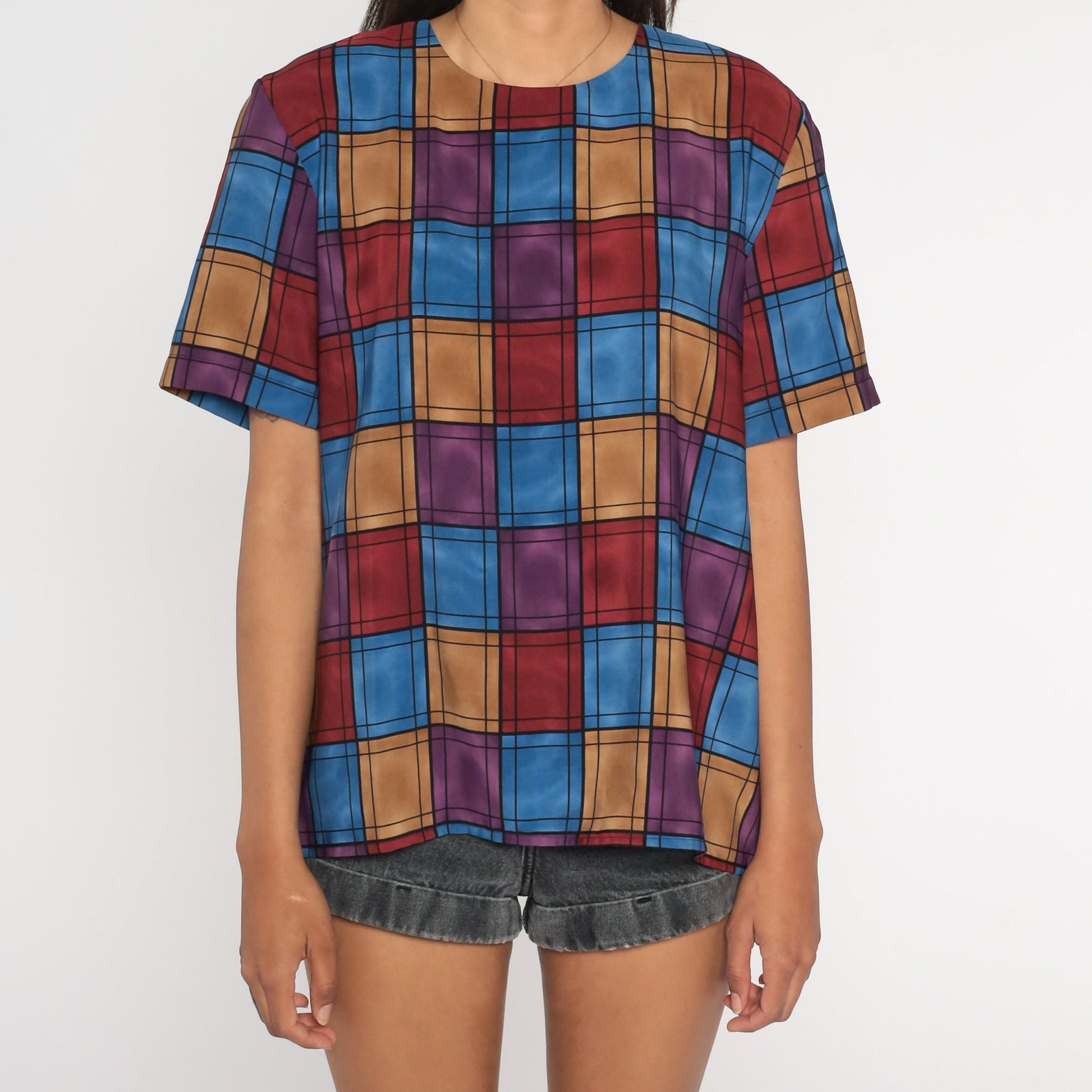 90s Checkerboard Blouse Purple Pink Blue Geometric Short Sleeve Medium M