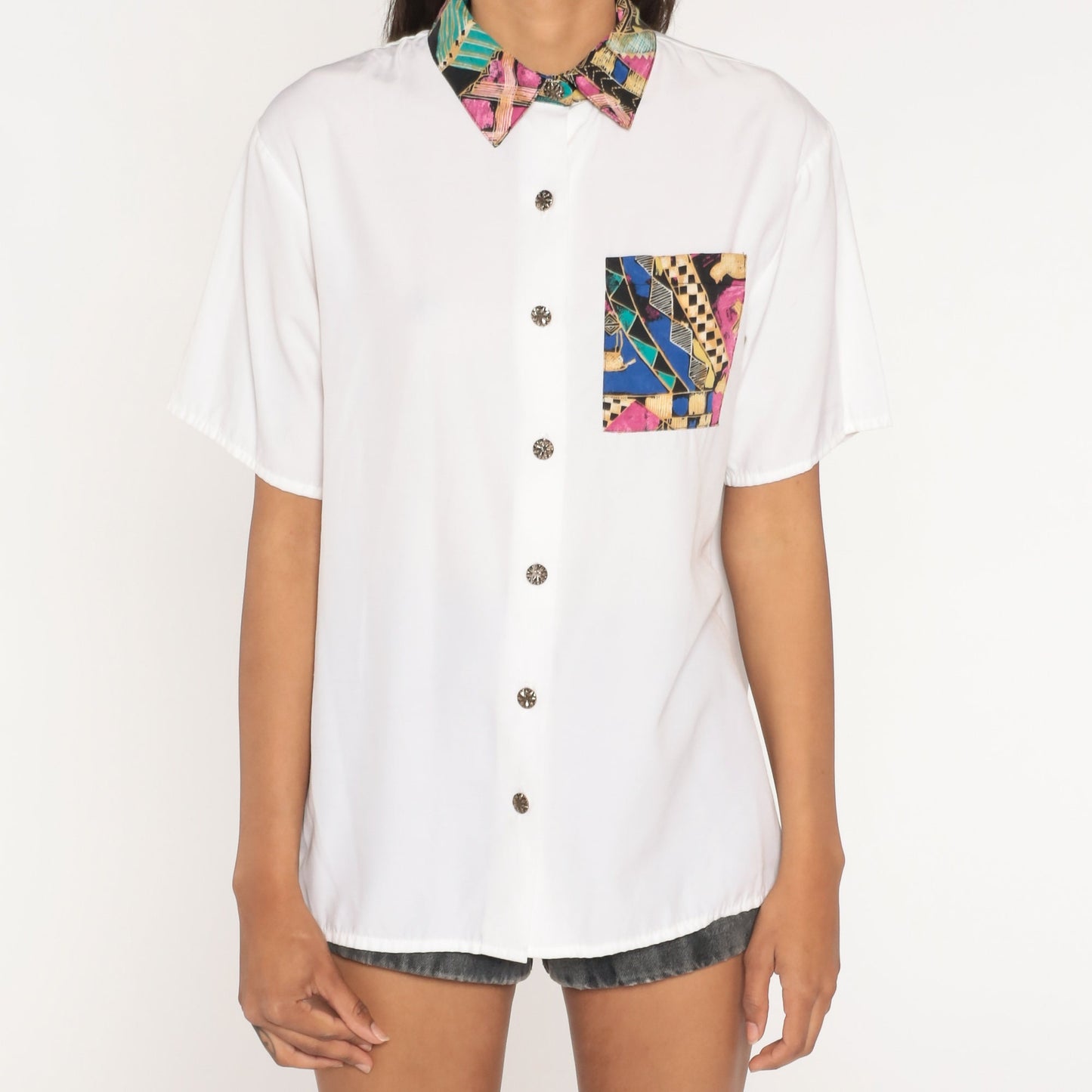 90s White Geometric Button Up Shirt Contrast Collar Short Sleeve Large L