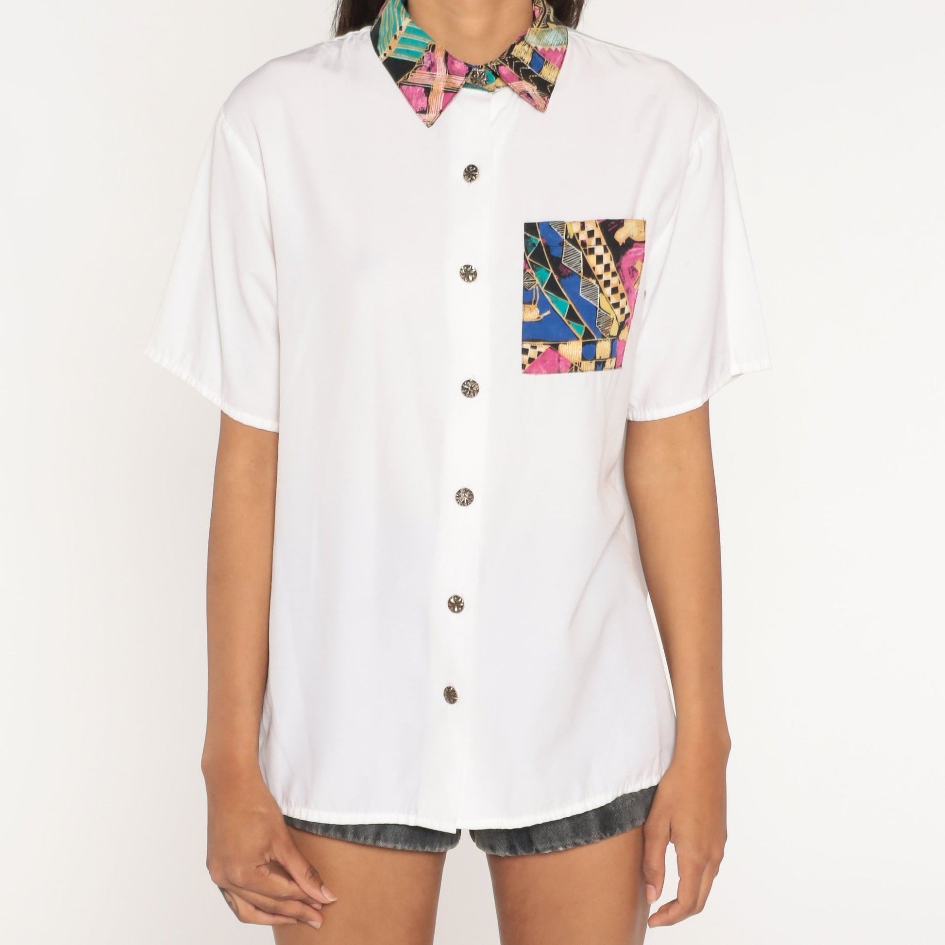 90s White Geometric Button Up Shirt Contrast Collar Short Sleeve Large L
