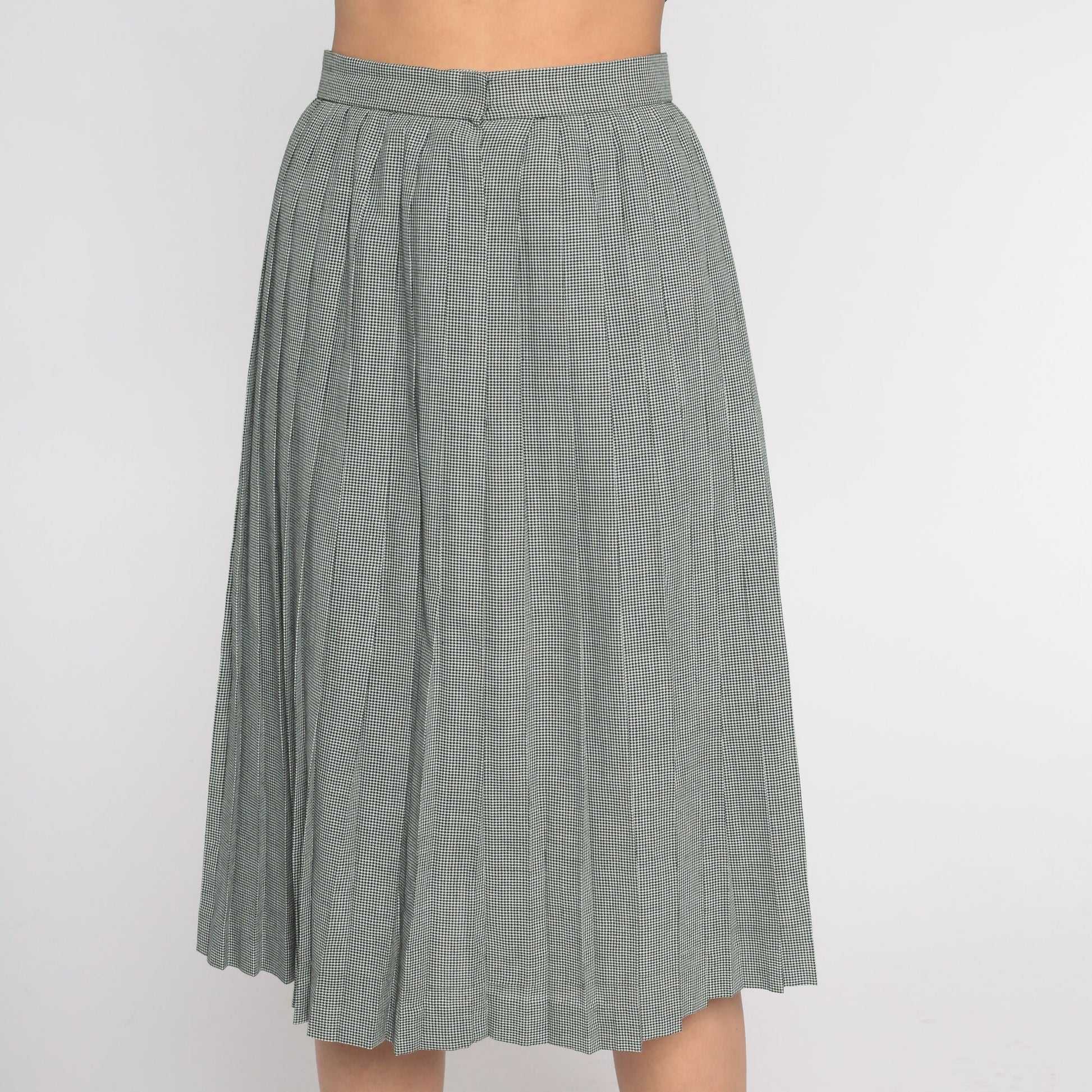 80s Houndstooth Pleated Midi Skirt Black White High Waist Extra Small
