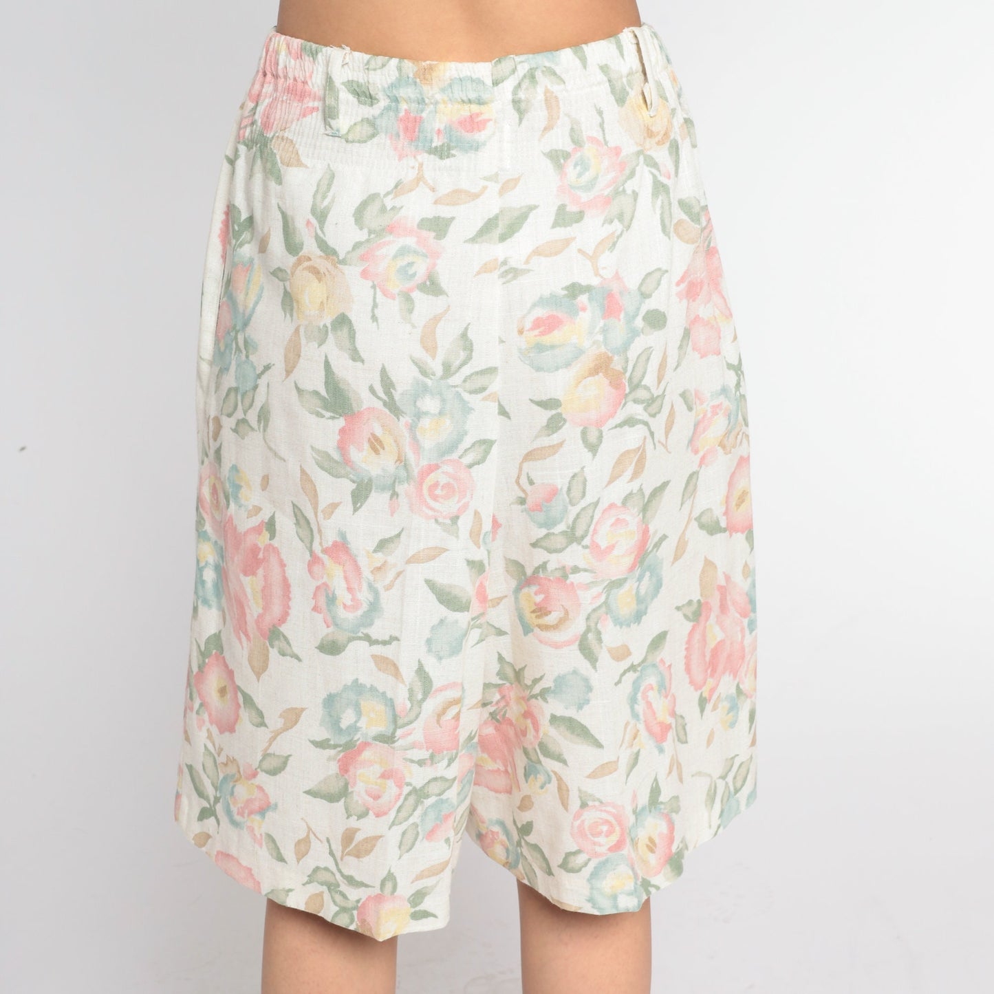90s Floral Culotte Shorts White Linen Blend High Waist Wide Leg Medium