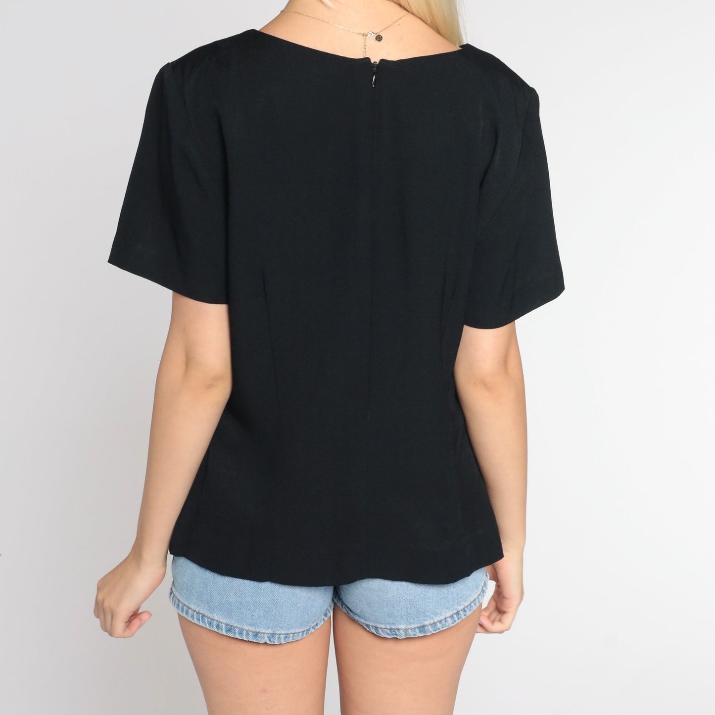 90s Black Floral Embroidered Blouse Short Sleeve Square Neck Vintage Large L