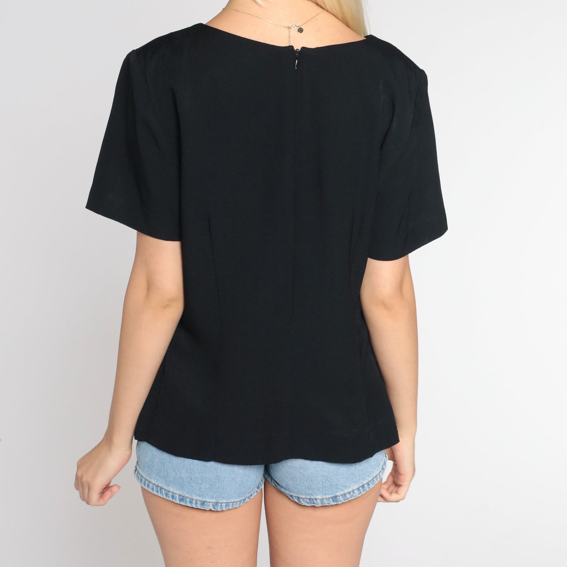 90s Black Floral Embroidered Blouse Short Sleeve Square Neck Vintage Large L