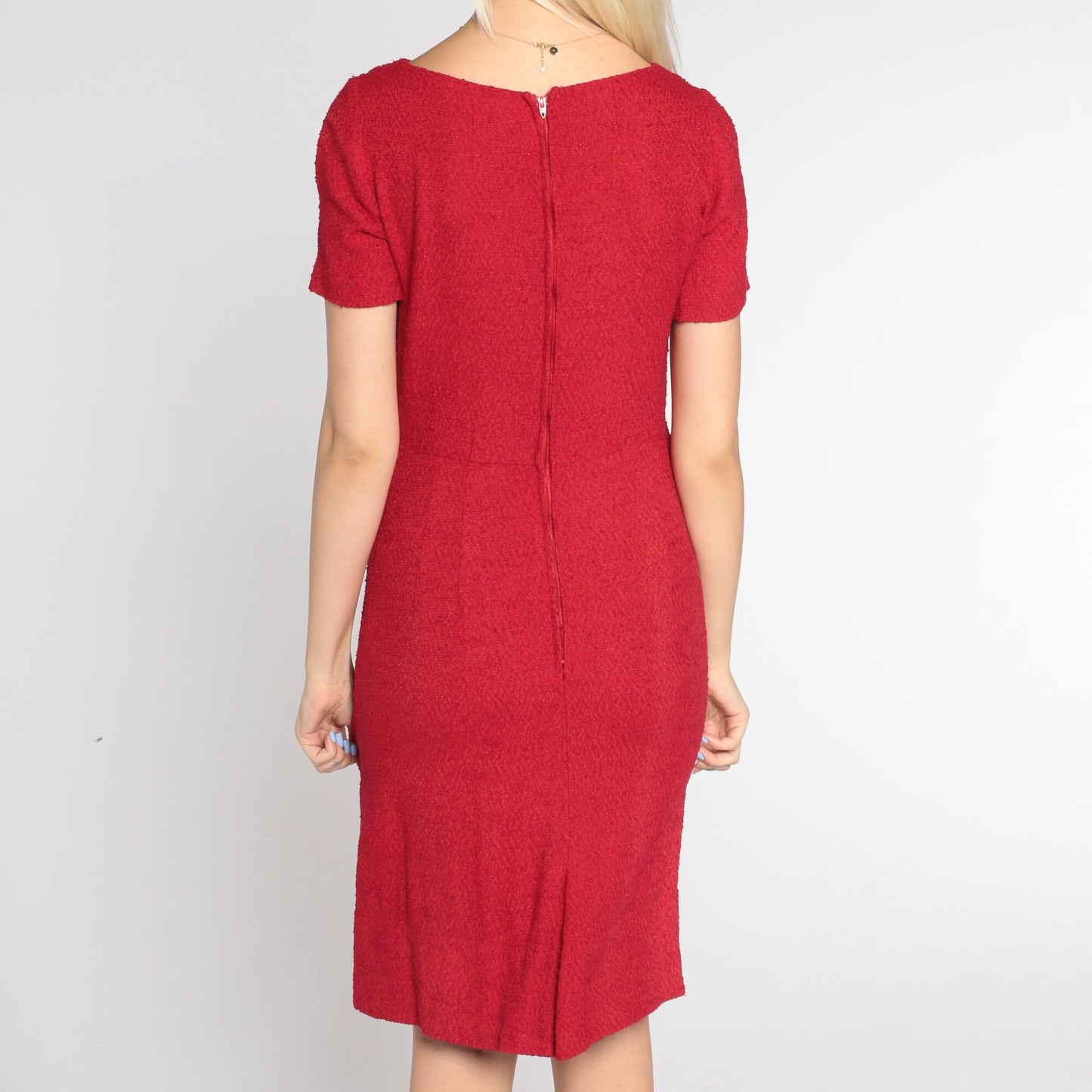 1960s Red Pencil Dress Mini Sheath High Waist Short Sleeve Small