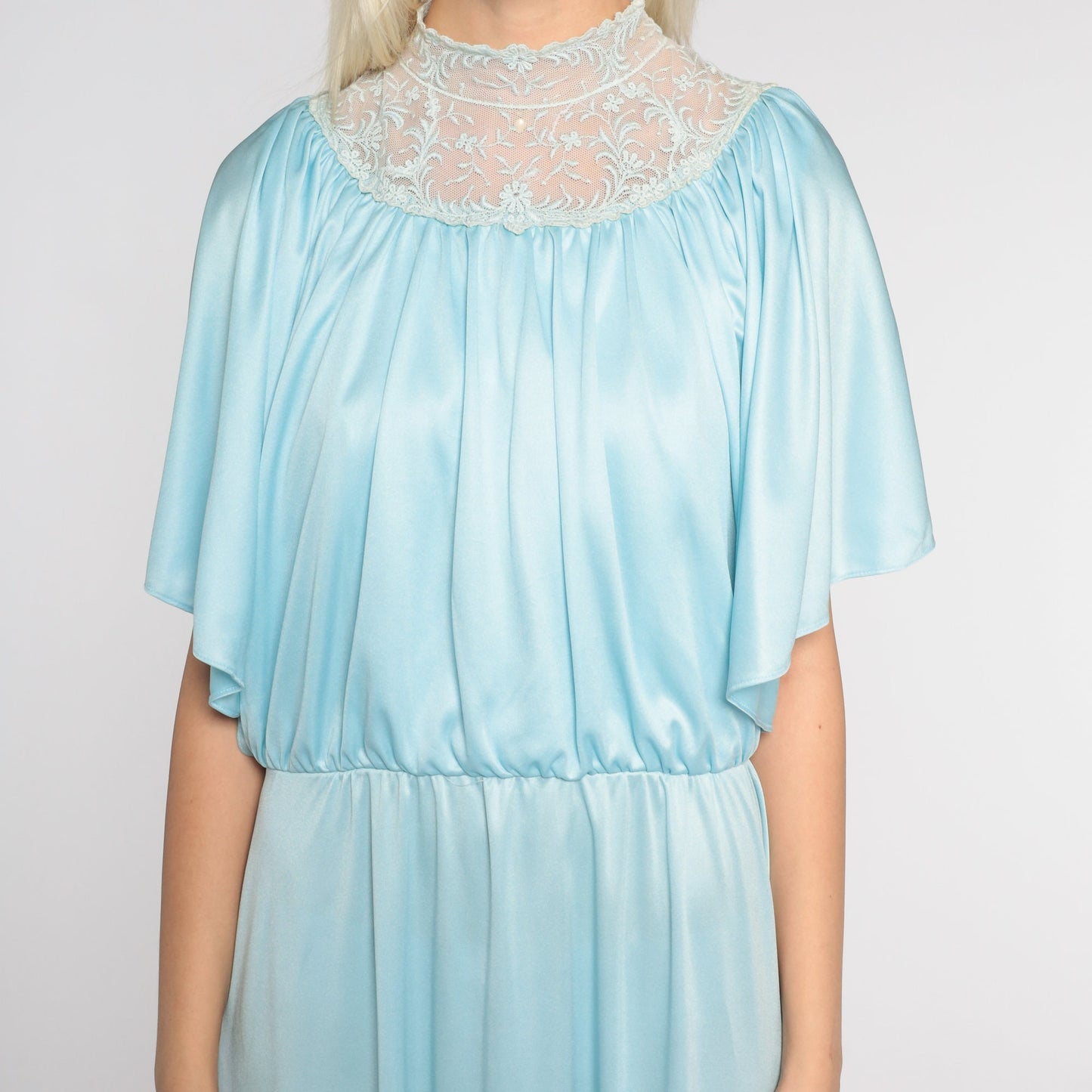 70s Blue Maxi Dress Grecian High Neck Embroidered Lace Split Sleeve Large