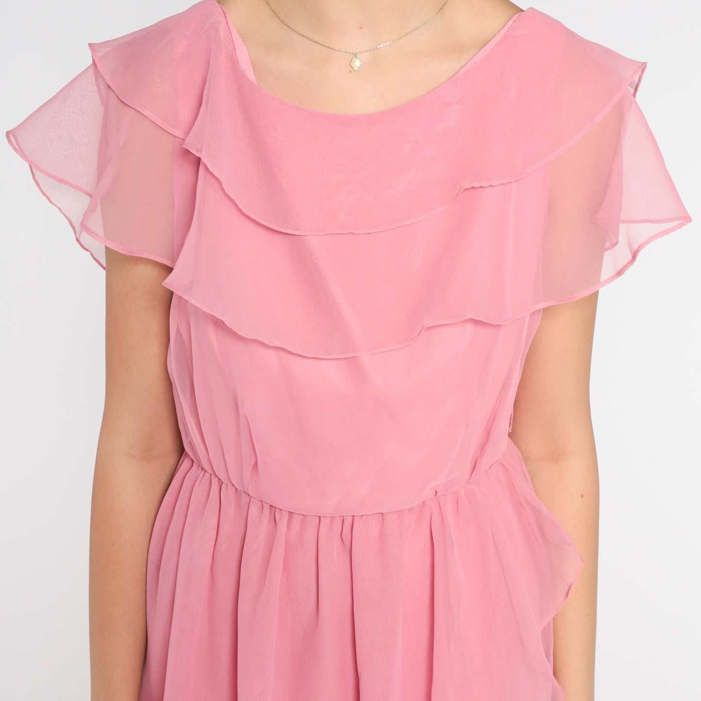 70s Pink Chiffon Maxi Dress Grecian Capelet Flutter Sleeve High Waist Extra Small