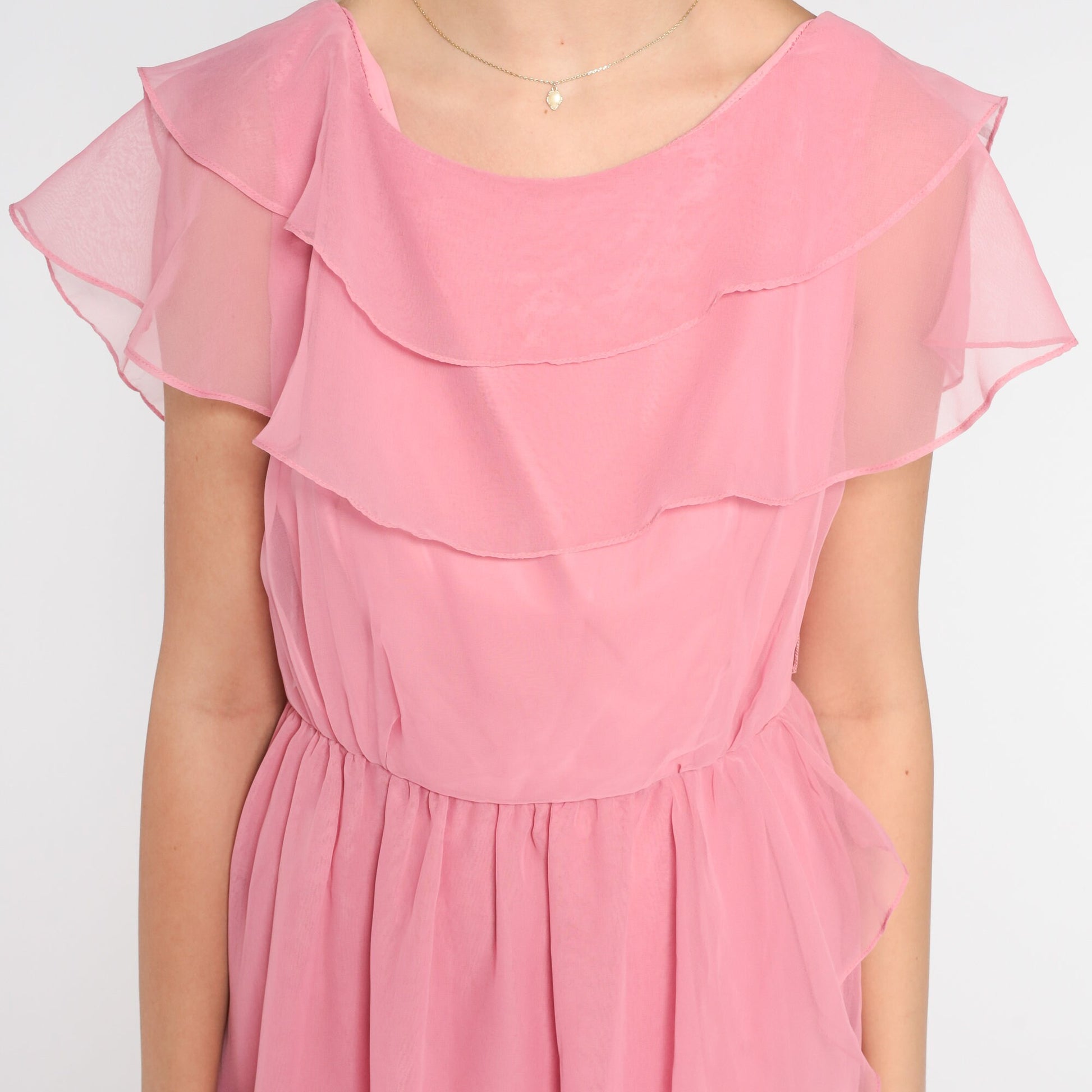 70s Pink Chiffon Maxi Dress Grecian Capelet Flutter Sleeve High Waist Extra Small