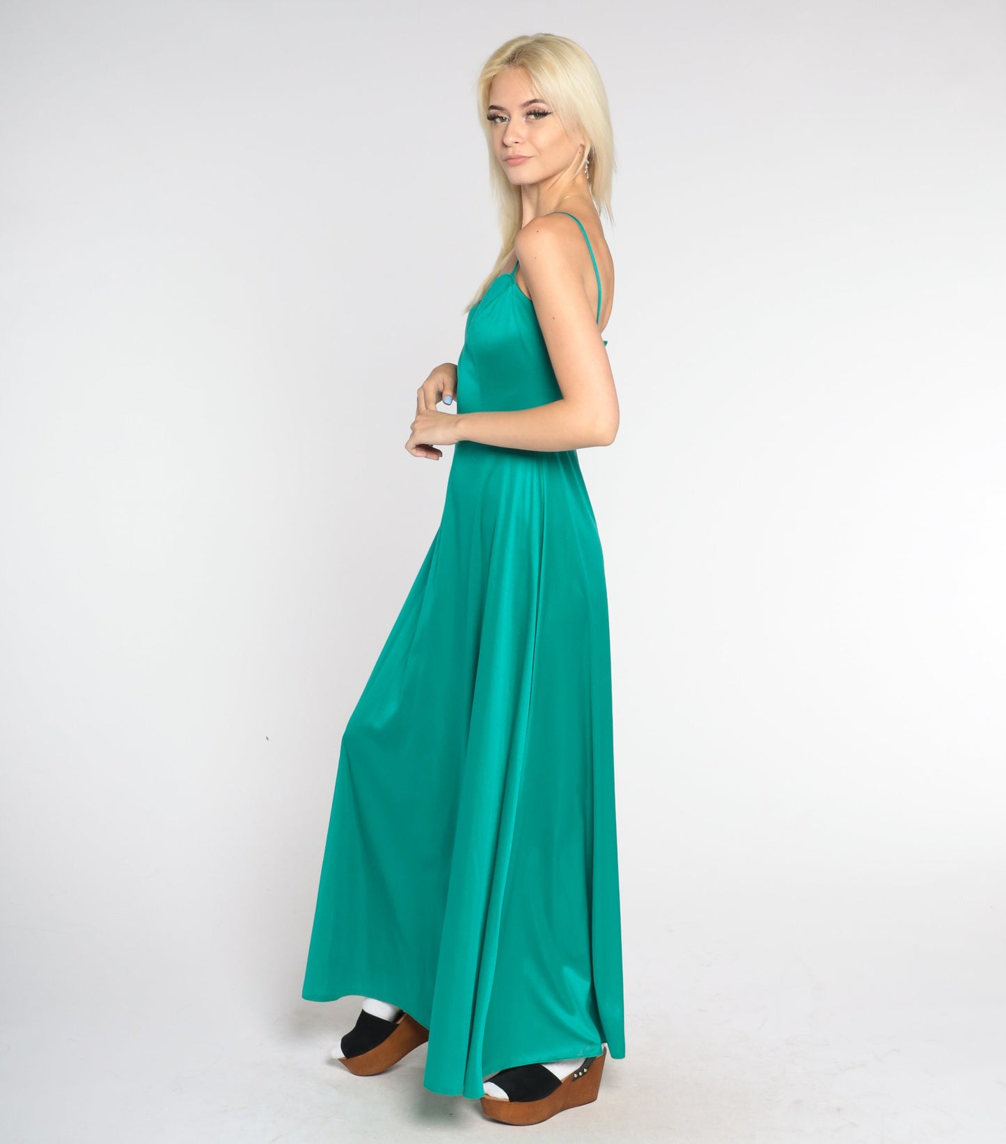 70s Green Maxi Dress Sweetheart Neckline Basque Waist Sleeveless Small S