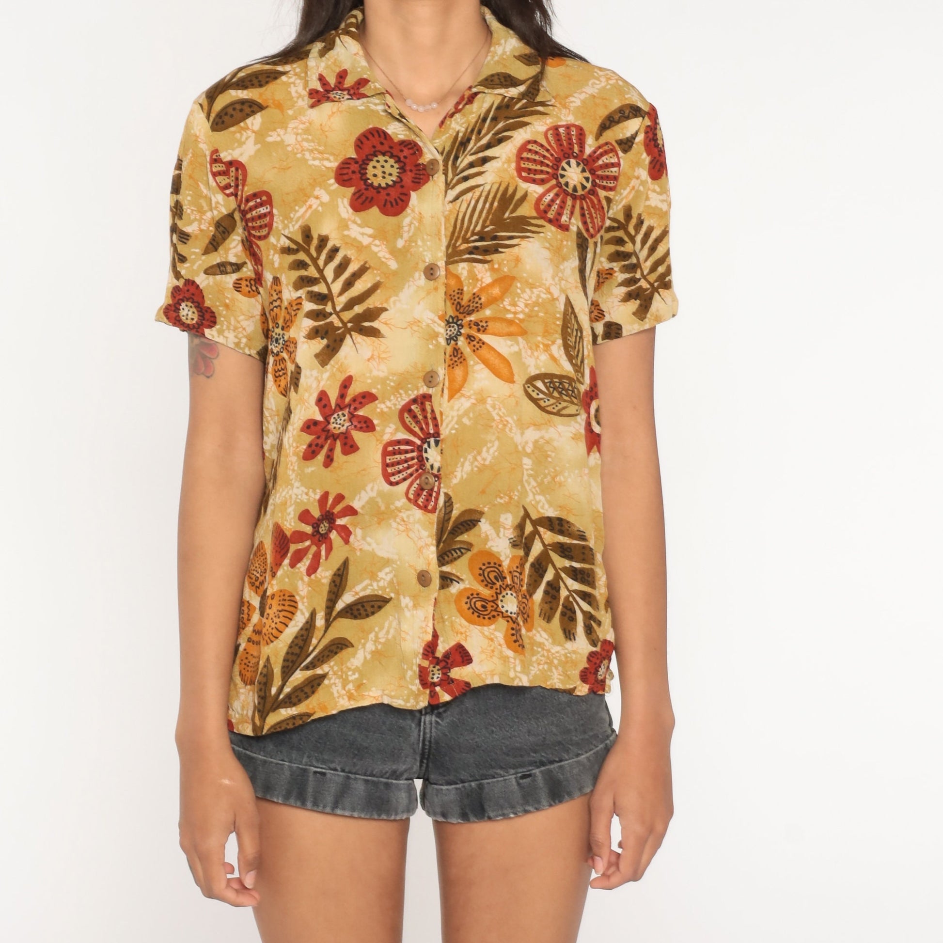 90s Floral Brown Rayon Blouse Short Sleeve Button Up Tropical Print Medium