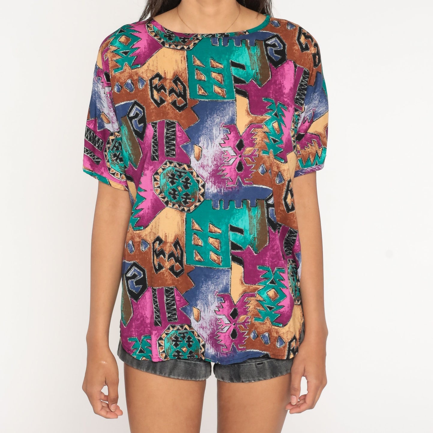 90s Geometric Southwest Blouse Short Sleeve Jewel Tone Rayon Large L