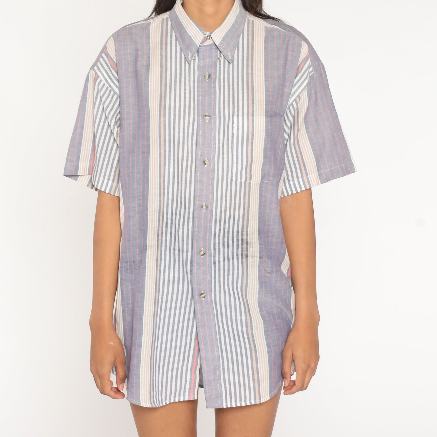 90s Blue White Striped Cotton Button-Up Shirt Chest Pocket Men's Large