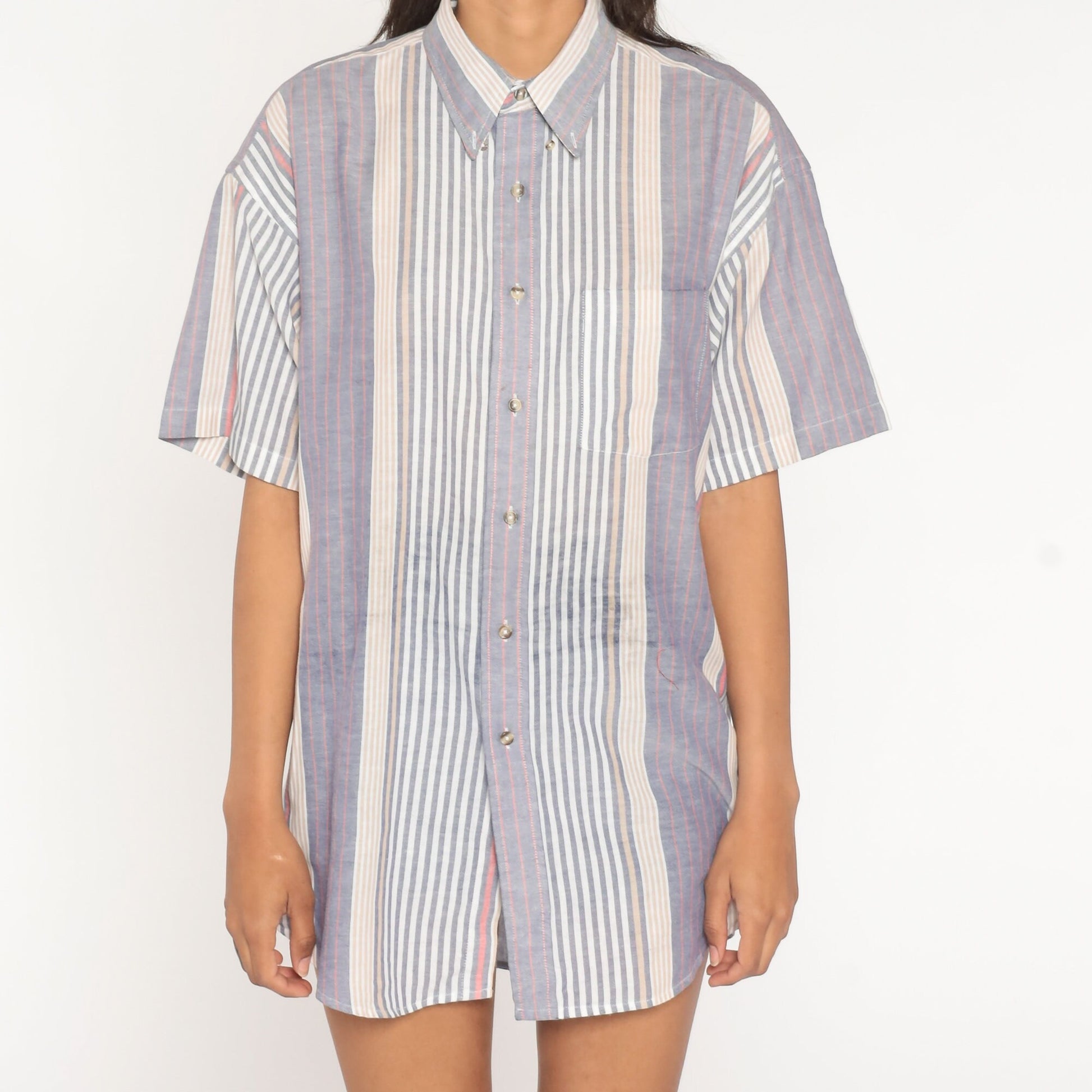 90s Blue White Striped Cotton Button-Up Shirt Chest Pocket Men's Large
