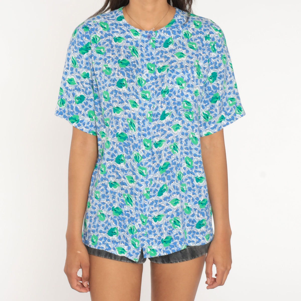 80s Blue Green Floral Button-Up Blouse Short Sleeve Hidden Placket Medium Large