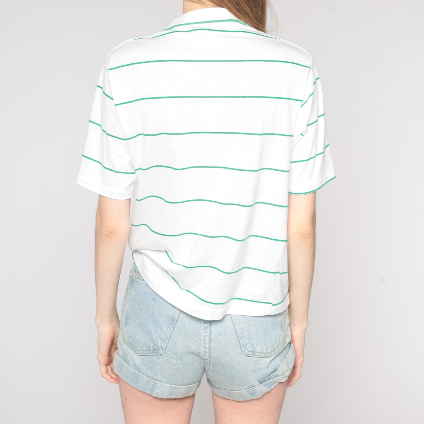 90s Melanie Embroidered Polo Shirt Striped White Green Medium M