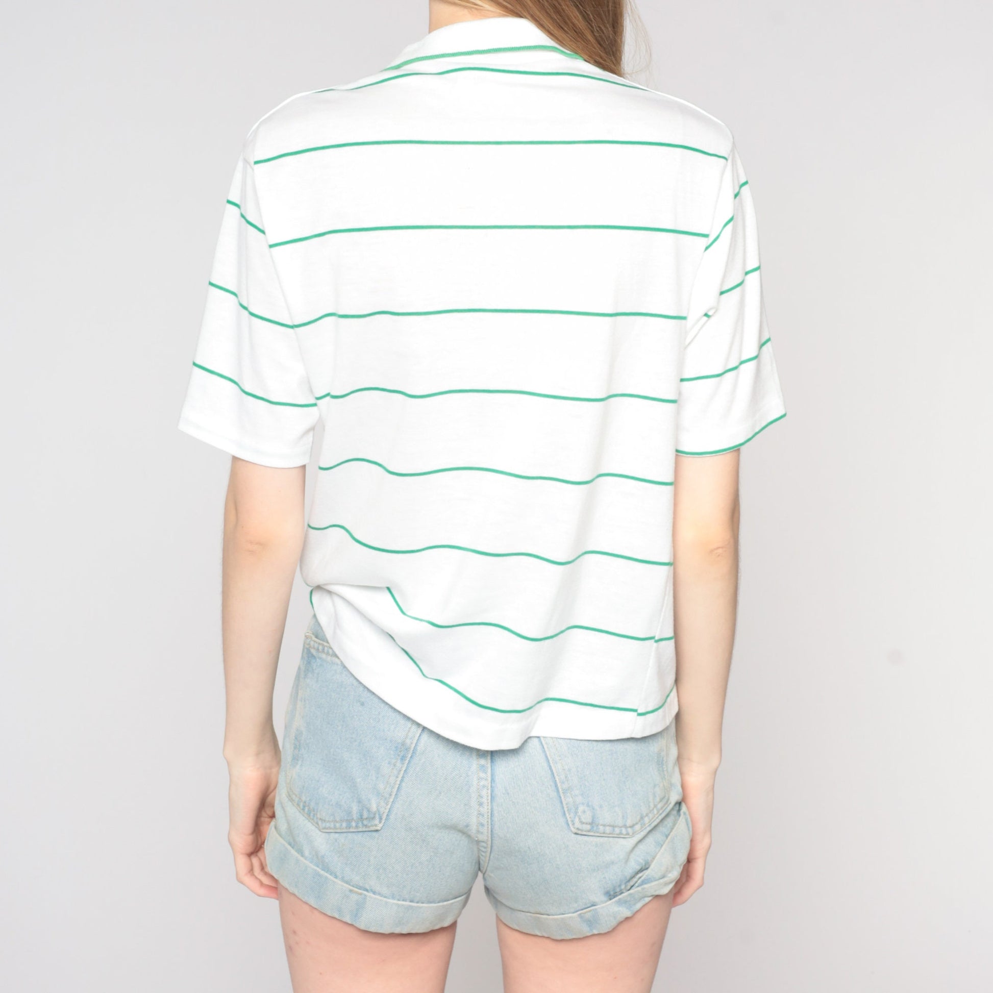 90s Melanie Embroidered Polo Shirt Striped White Green Medium M