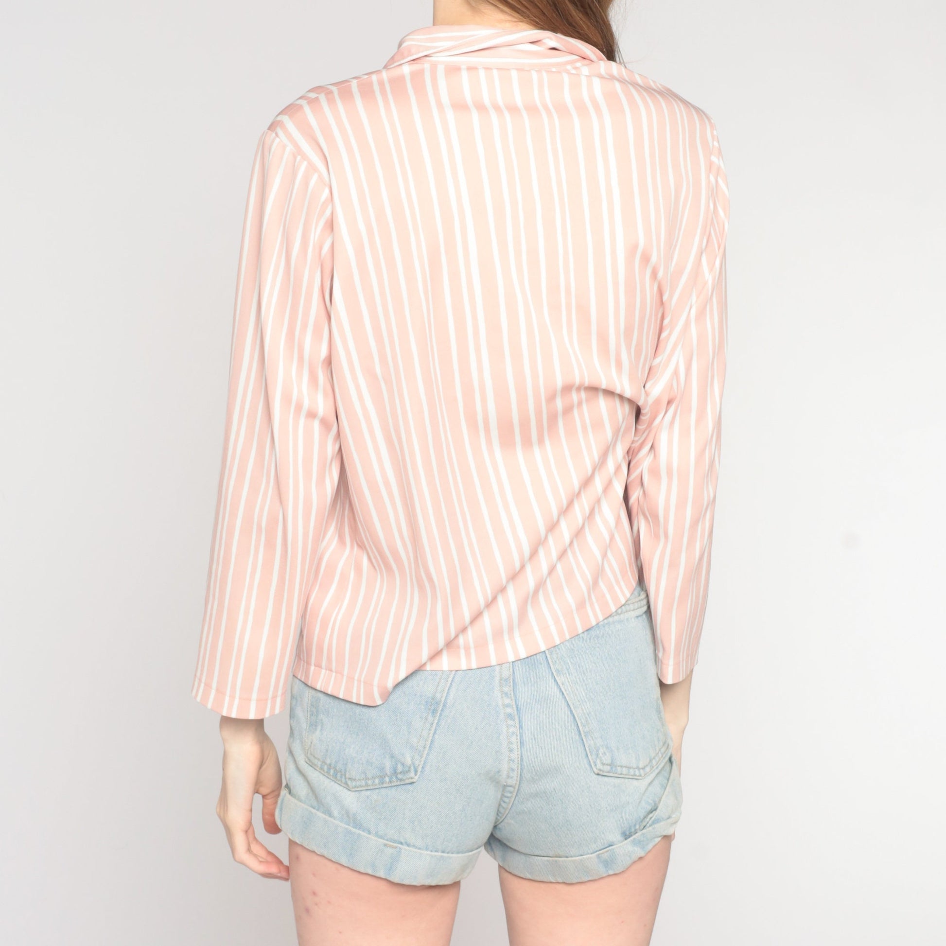 70s Pink White Striped Button-Up Blouse Long Sleeve Collared Pocket Shirt Large