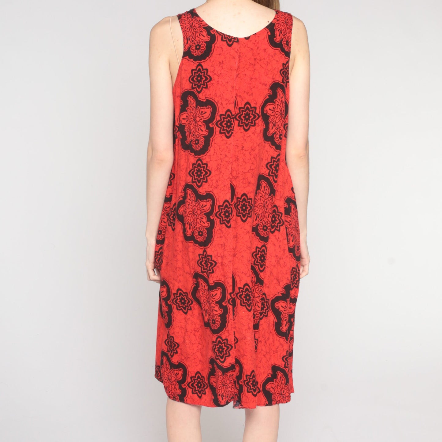 Y2K Red Tropical Floral Midi Dress Sleeveless Tent Cut 00s Sundress Medium M