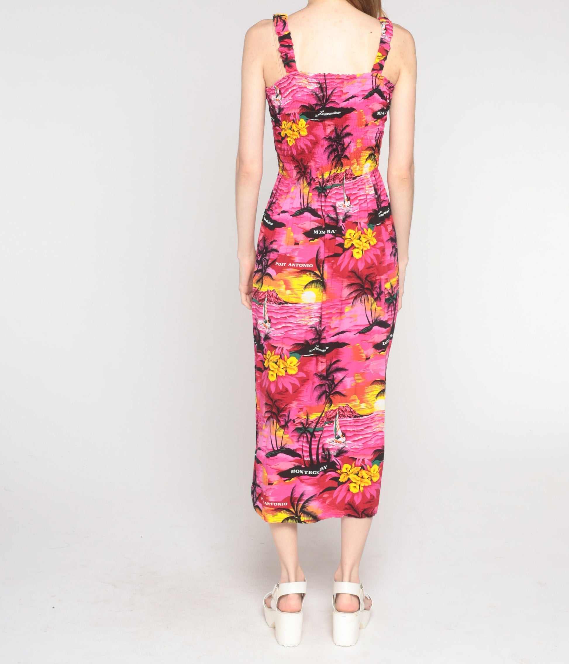Y2K Pink Hawaiian Sunset Midi Dress Smocked Sleeveless Small Medium