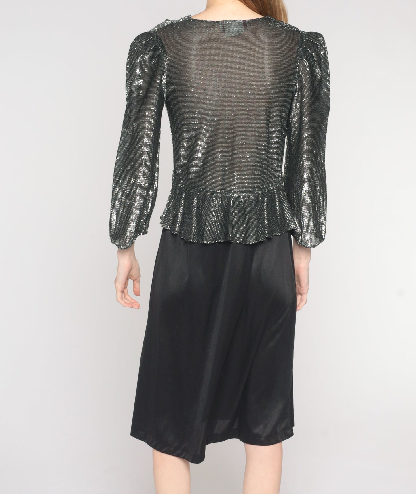 80s Silver Metallic Peplum Midi Dress Cowl Neck Puff Sleeve Small