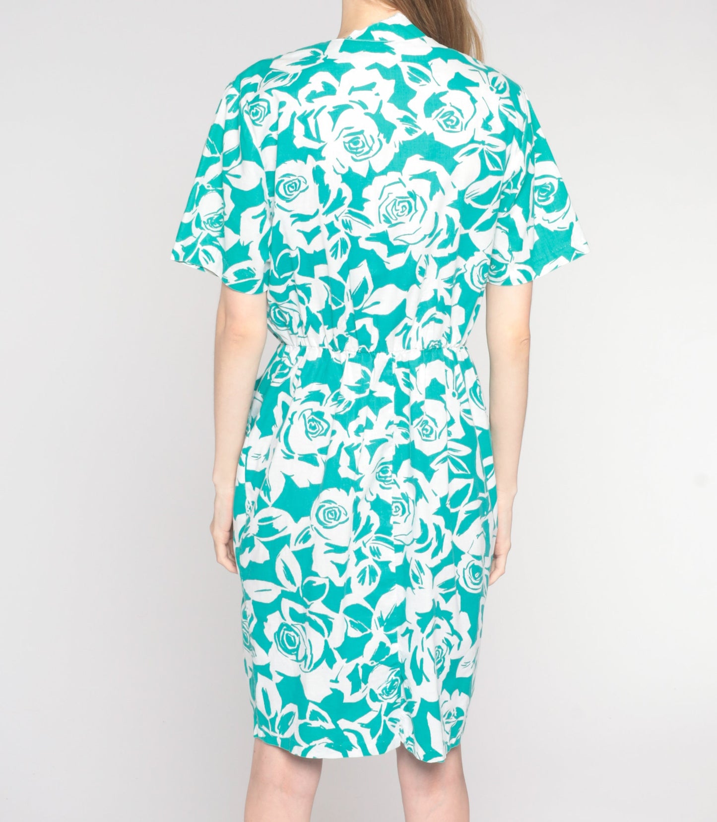 90s Green Rose Floral Print Dress Knee Length Button Wrap Pencil Medium M