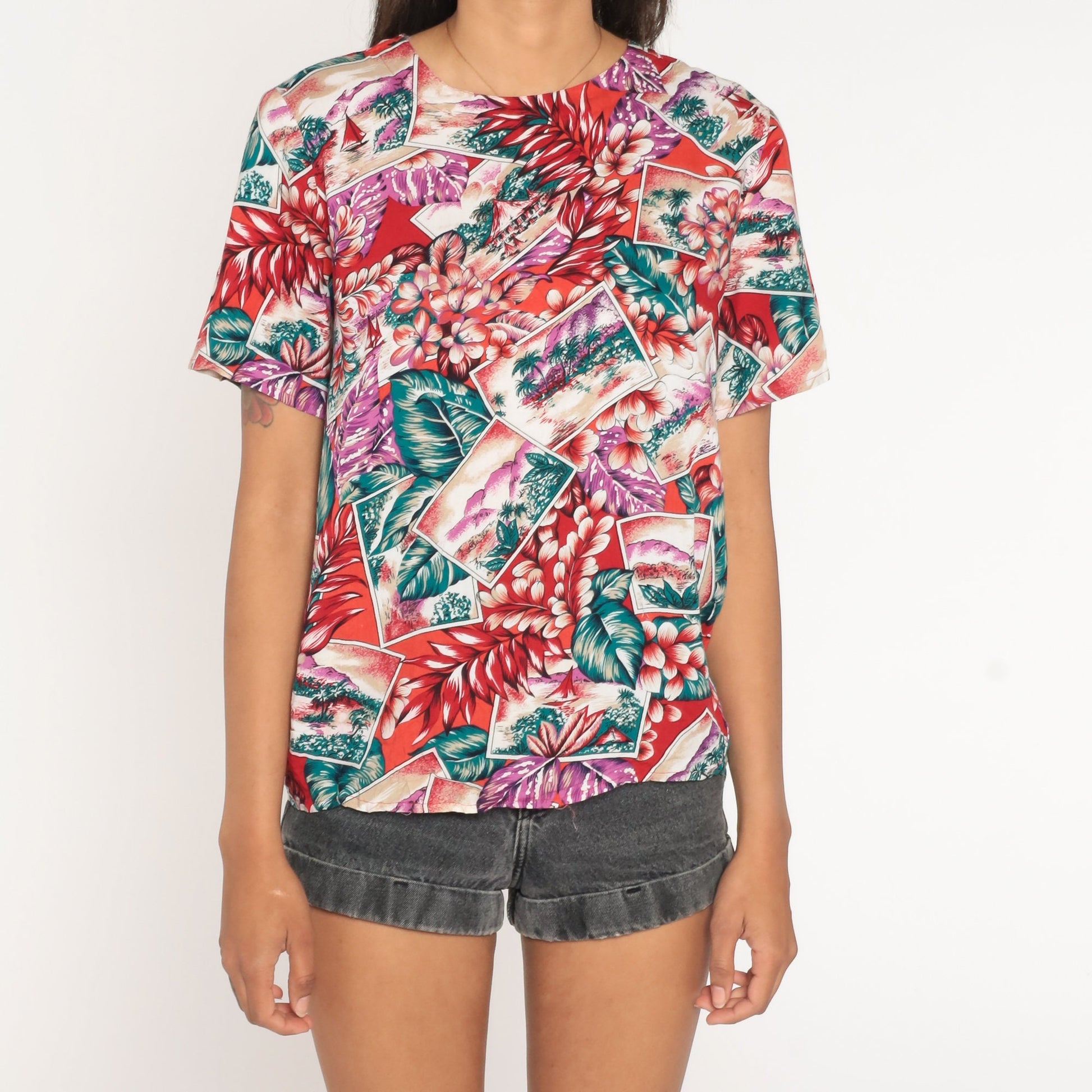 80s Hawaiian Tropical Island Shirt Red Floral Aloha Blouse Small