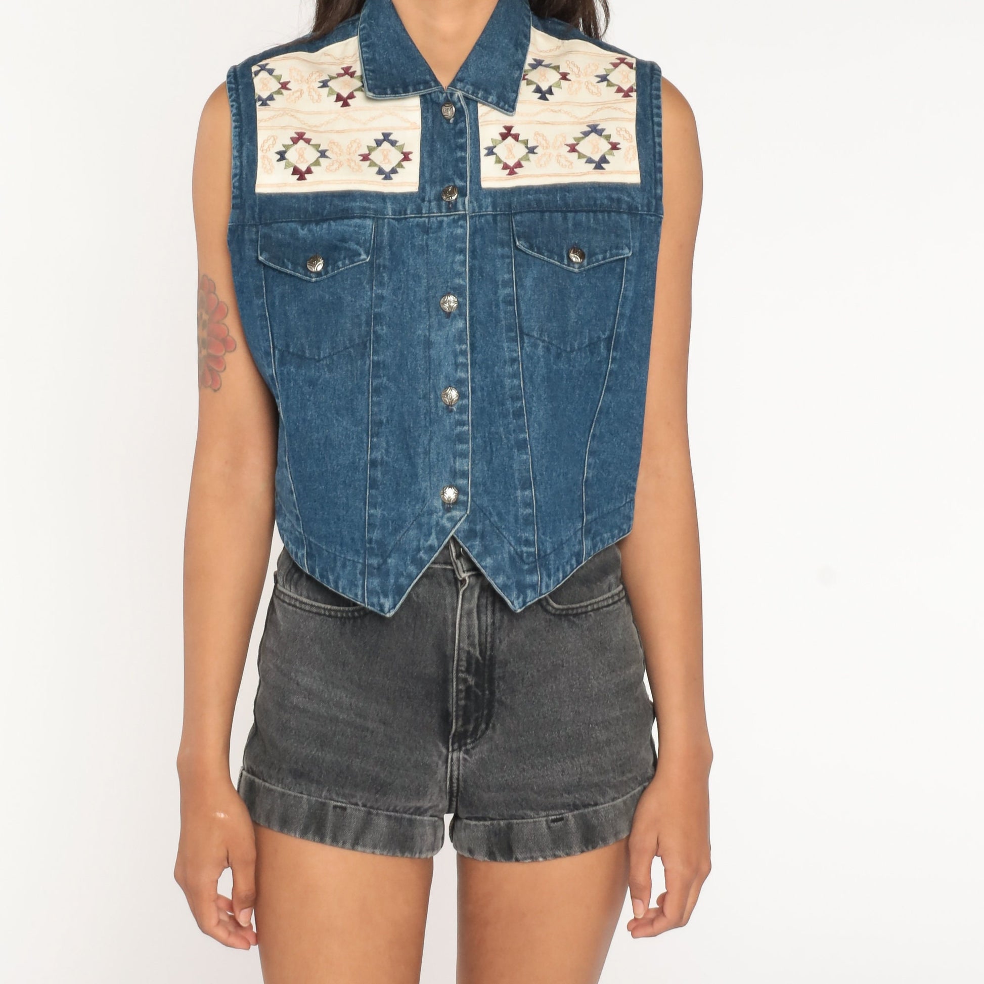 90s Southwestern Denim Vest Embroidered Blue Cotton Button Up Medium