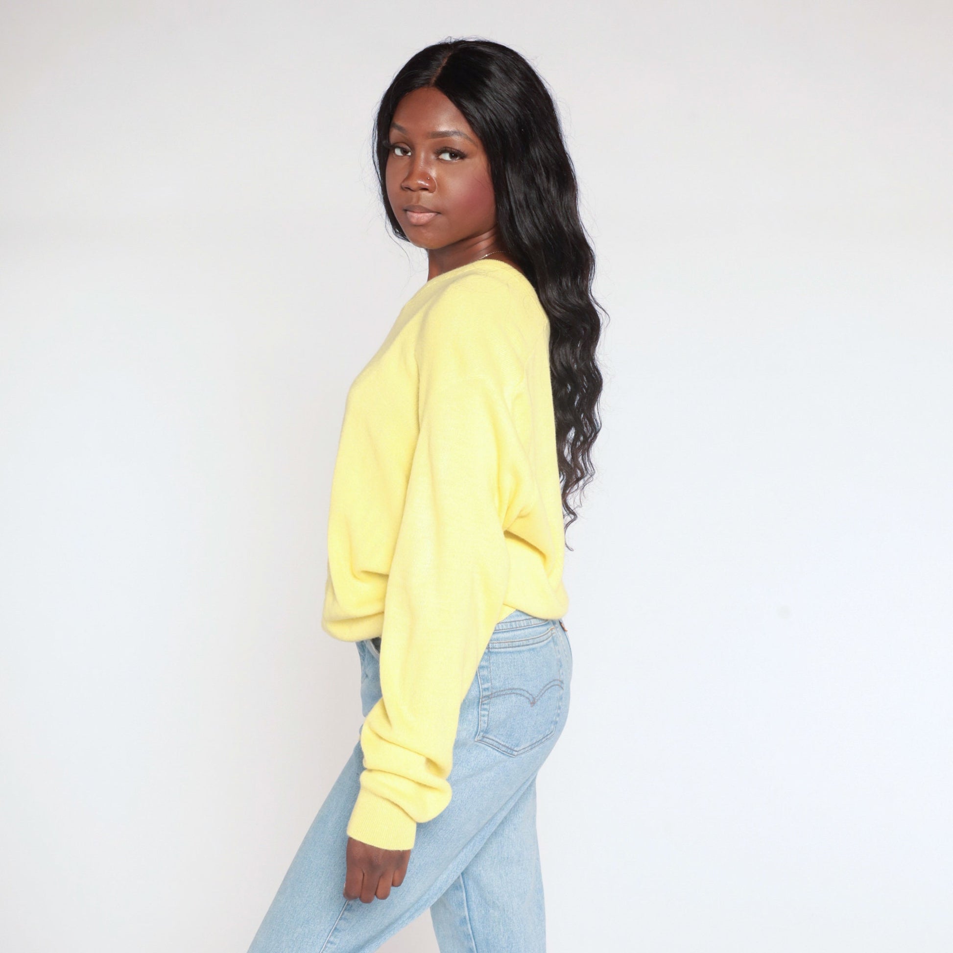 80s Yellow V-Neck Knit Sweater Extra Large XXL