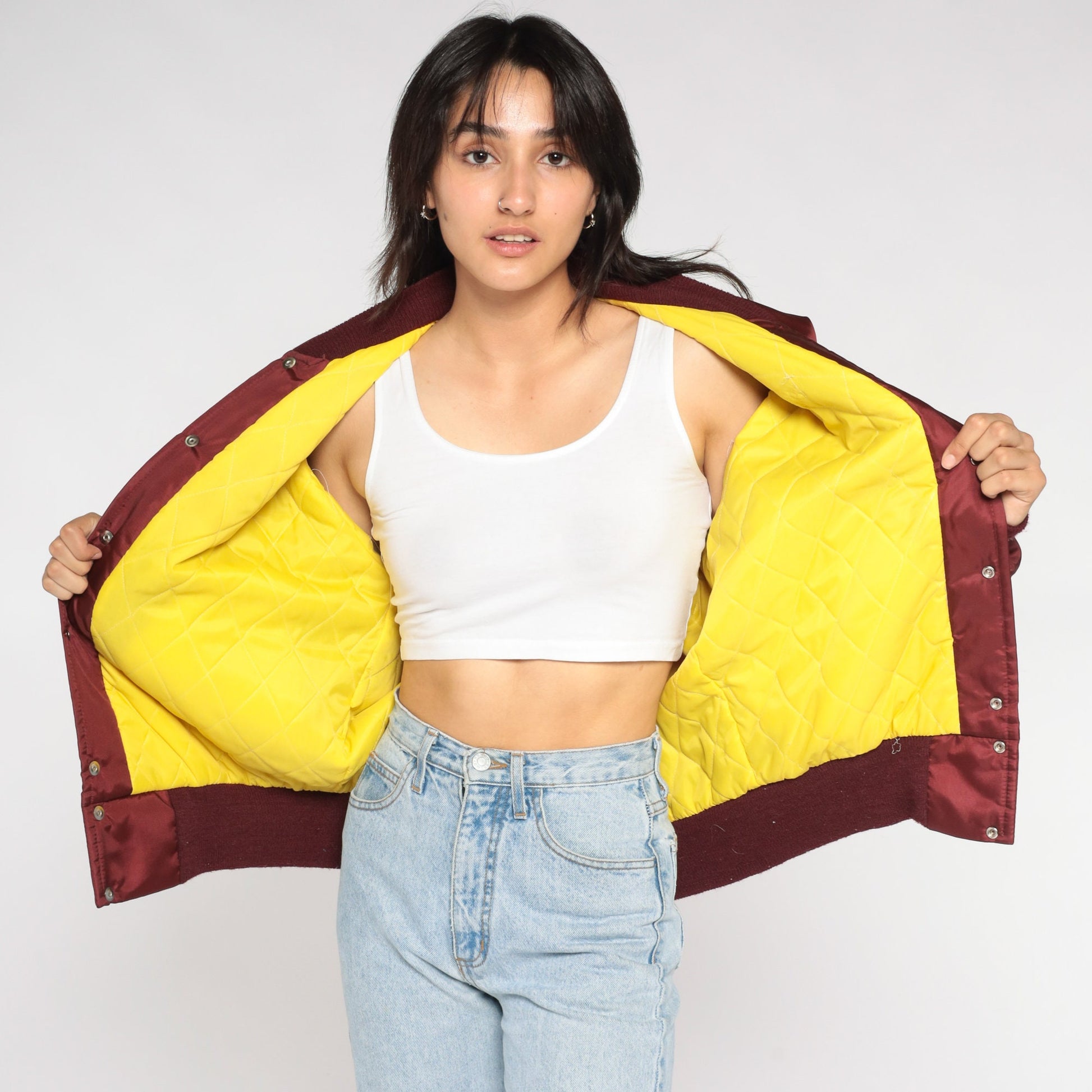 80s Schmidt's Dist Co Winoma Bomber Jacket Burgundy Snap Baseball Coat Medium